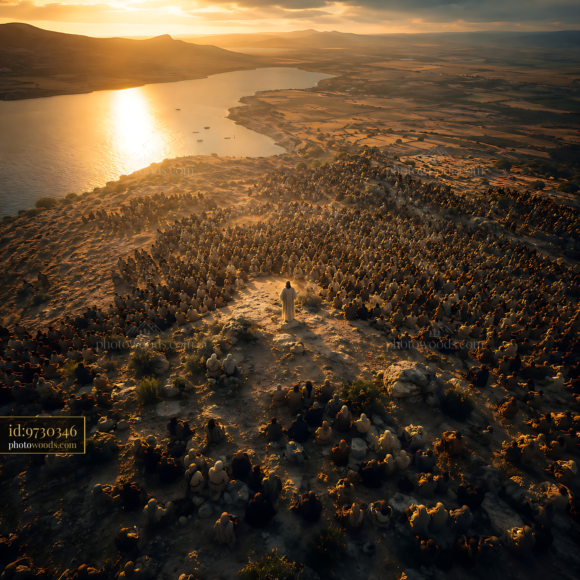 Figure Standing in a Field of Stones Near a River at Sunset