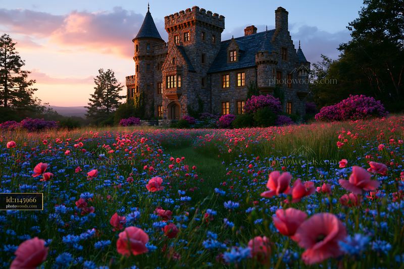 Castle Surrounded by Colorful Flowers at Sunset