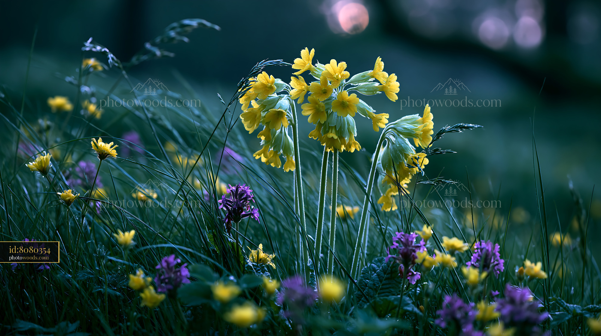 Cowslip Wildflowers Blooming in a Meadow at Dusk