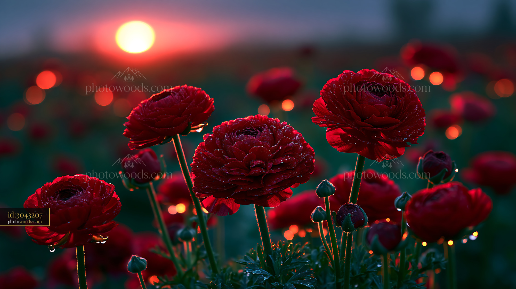Red Flowers Bloom in Sunlight With Soft Glow at Sunset
