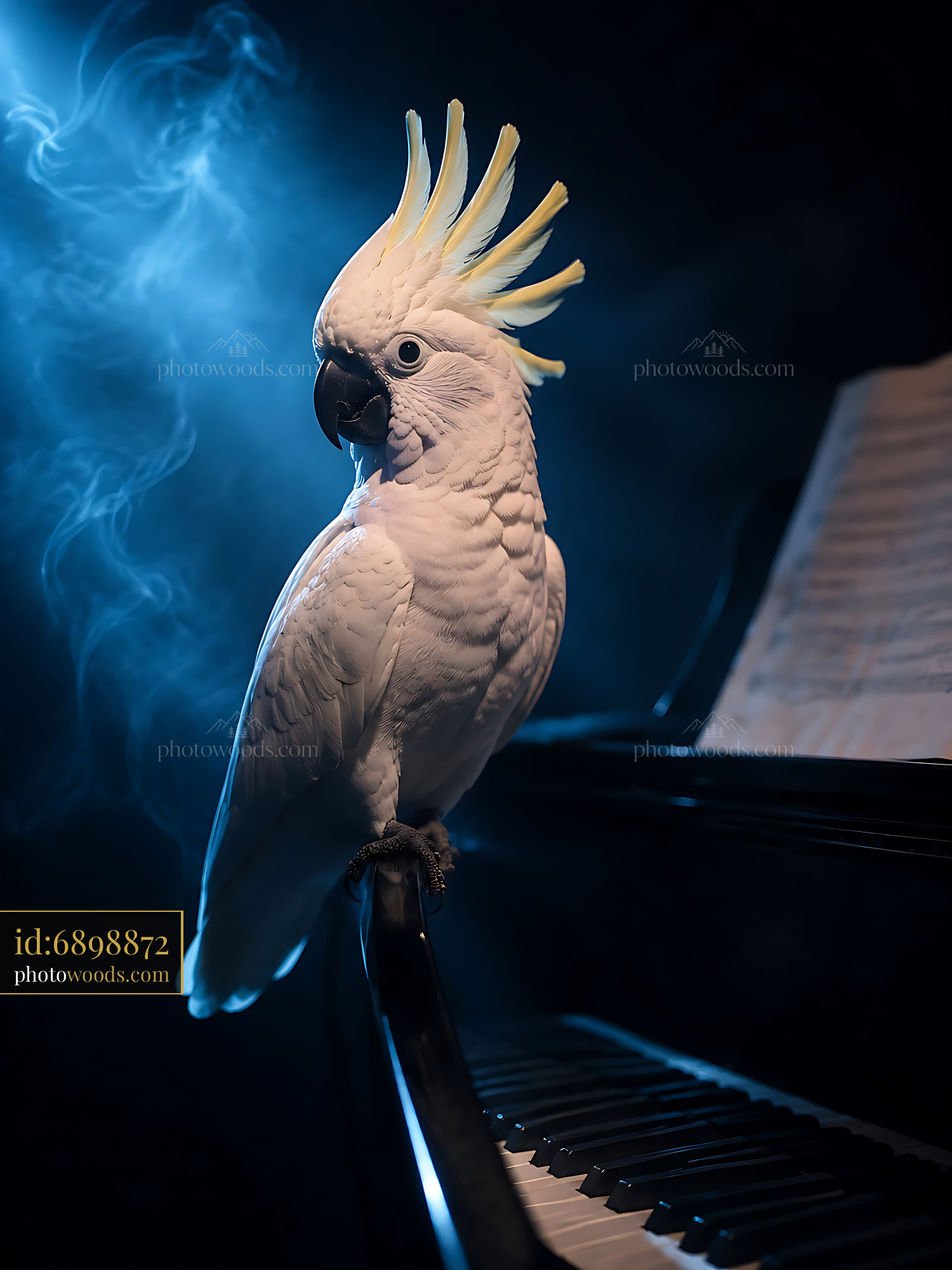 Cockatoo Perched on Piano in Dark Setting With Blue Light