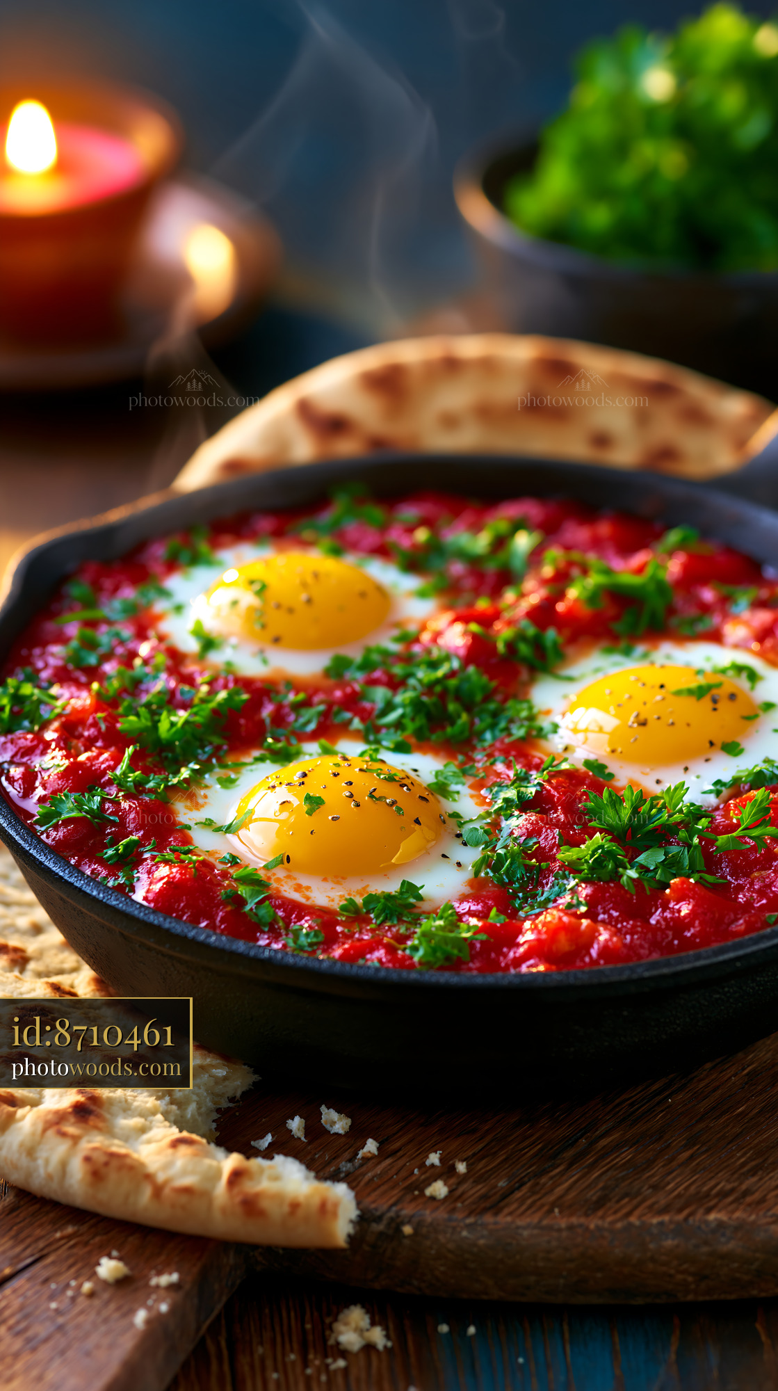 Bowl of Shakshuka With Runny Eggs, Warm Flatbread, and Herbs