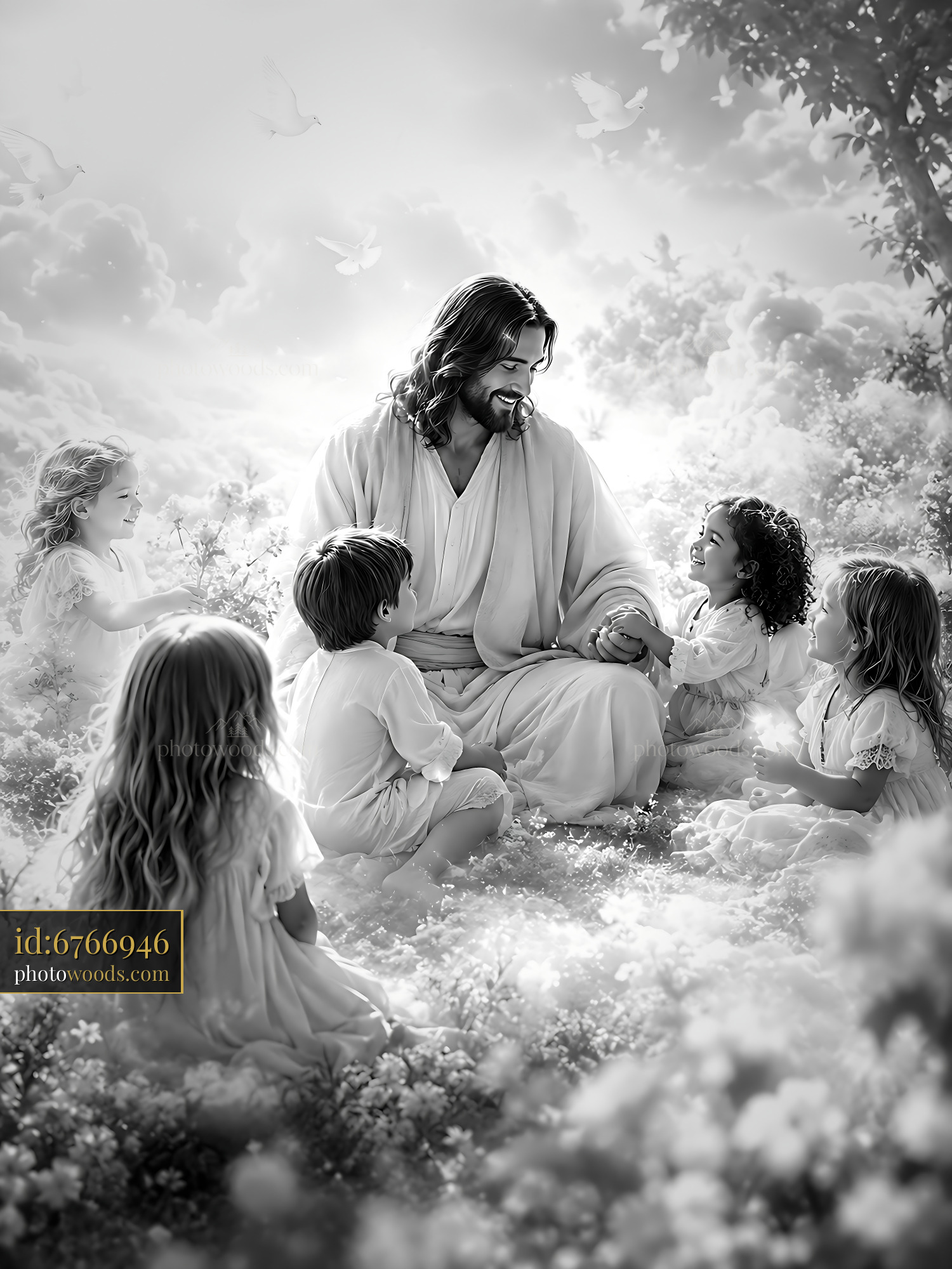 Jesus Interacts With Children in a Serene Setting With Clouds