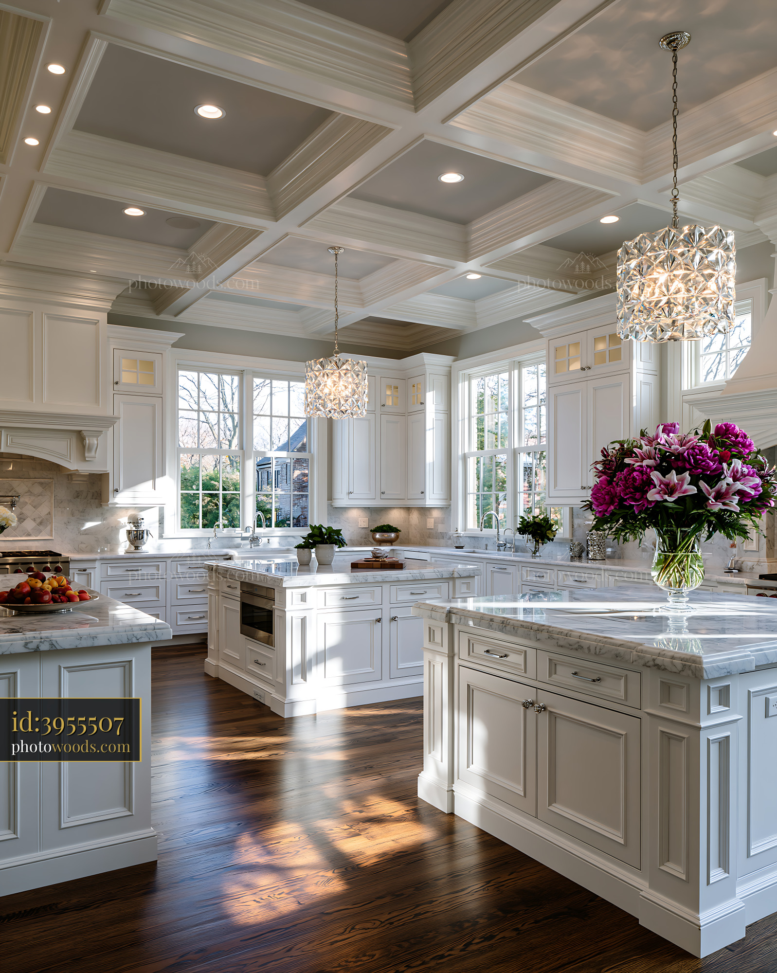 Classic Kitchen With Coffered Ceiling and Bright Natural Light