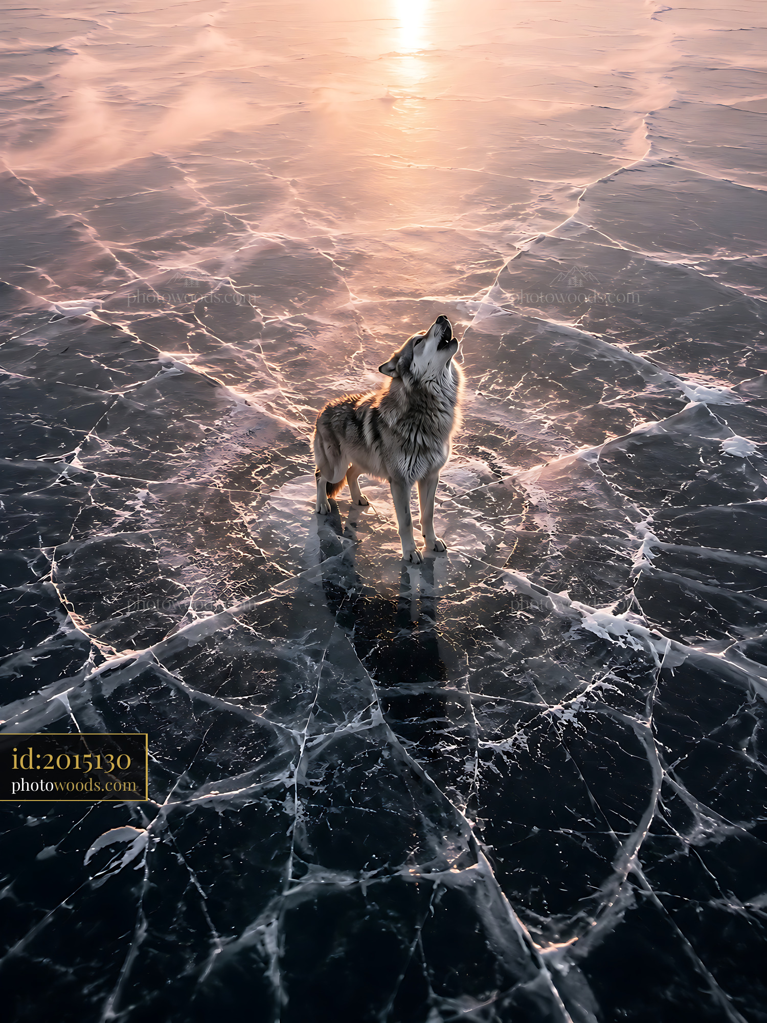 Wolf Howls on Frozen Lake Under Sunset Glow