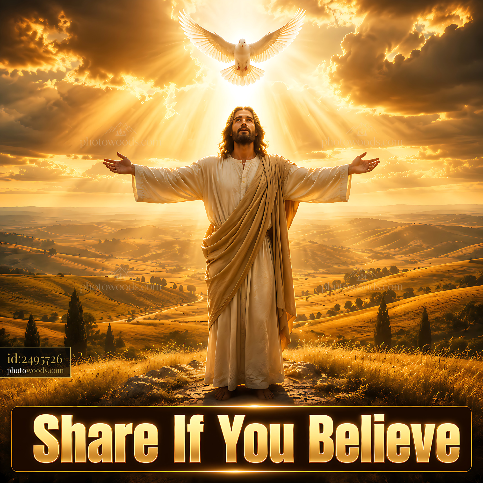 Jesus With Open Arms and Dove Above in Golden Sunlight Landscape