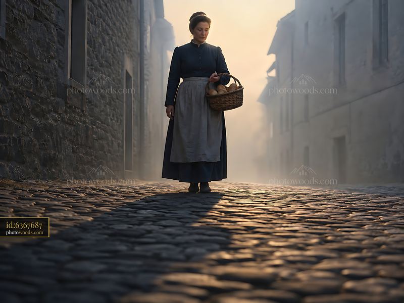 Woman Walking on Cobblestone Street With Basket in Early Morning