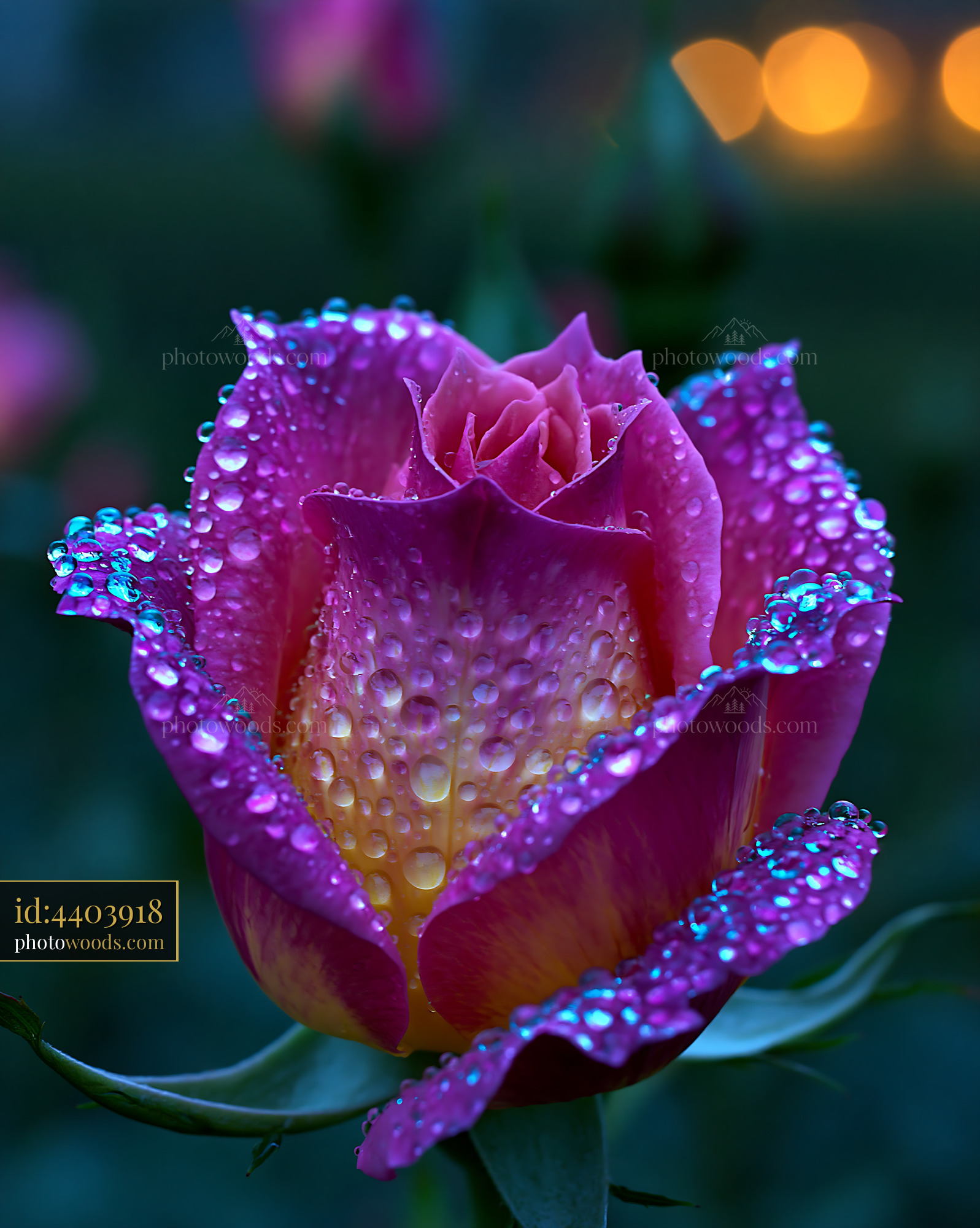 Rose With Dew Drops in Garden During Early Morning Light
