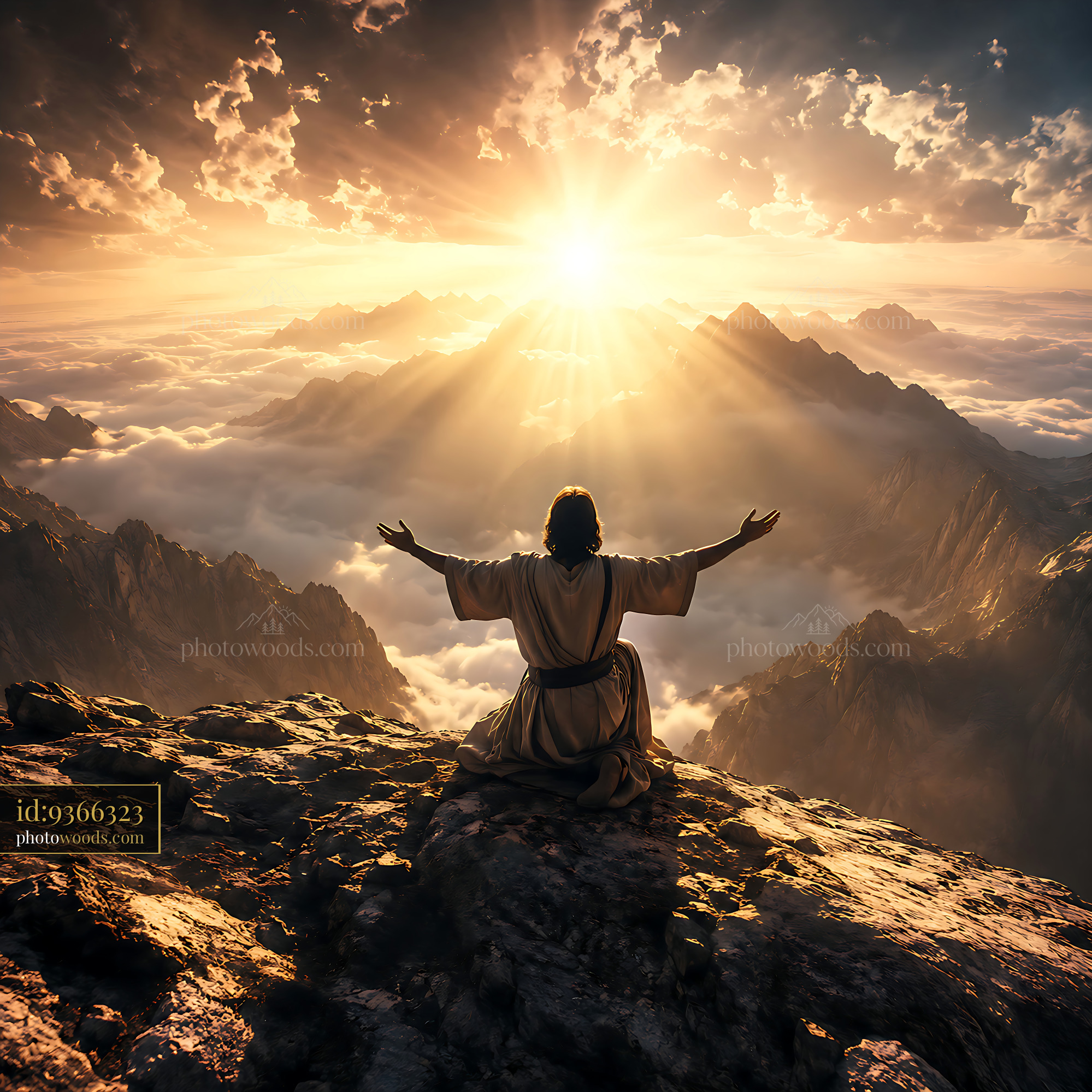 Man Standing on Mountain With Arms Raised, Looking at Sunrise
