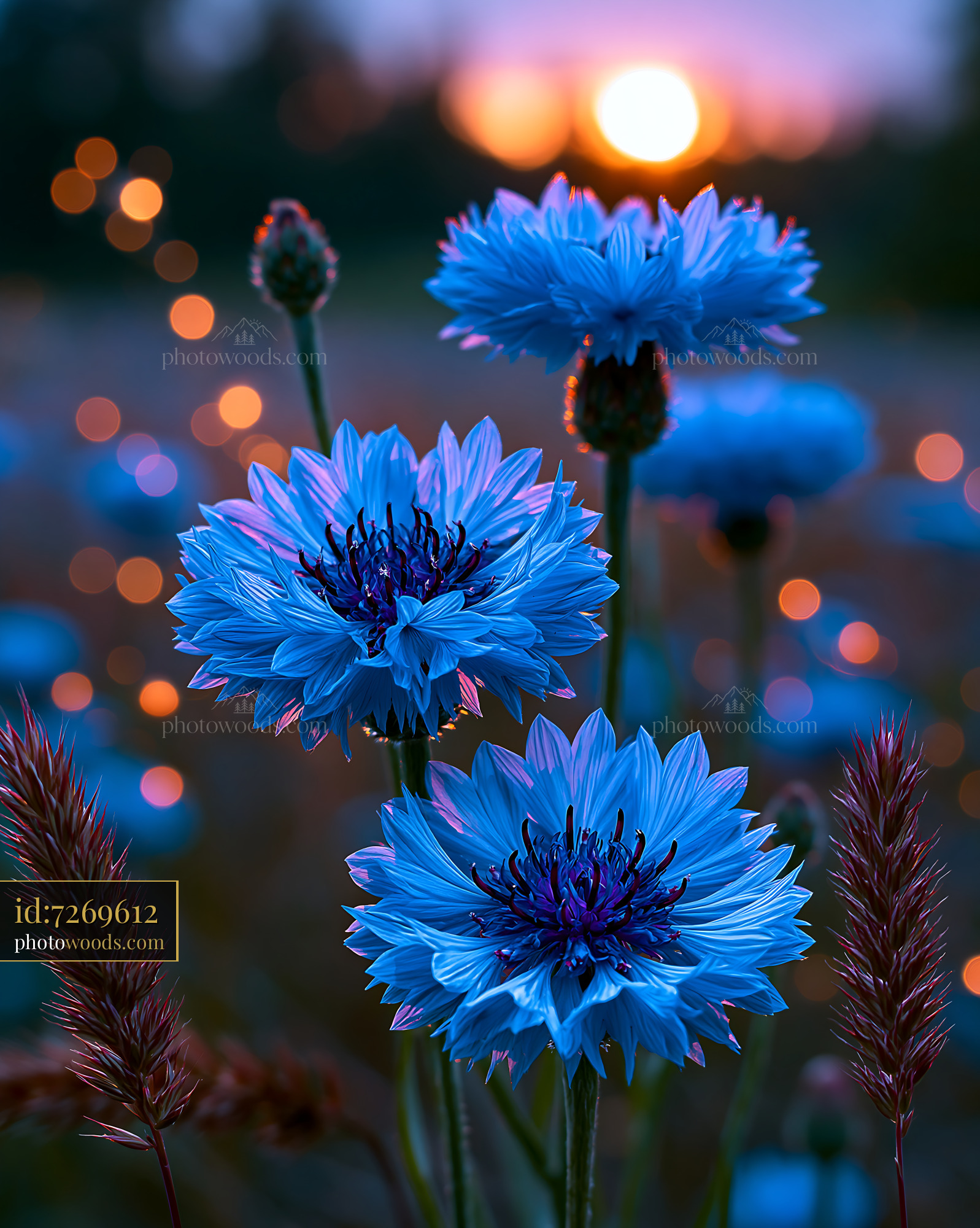 Blue Flowers Bloom at Sunset With Soft Light in the Background