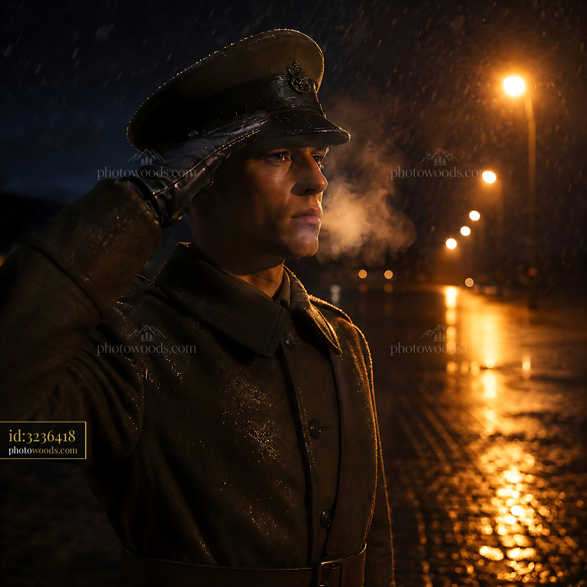Soldier Stands at Attention on a Rainy Night in the City