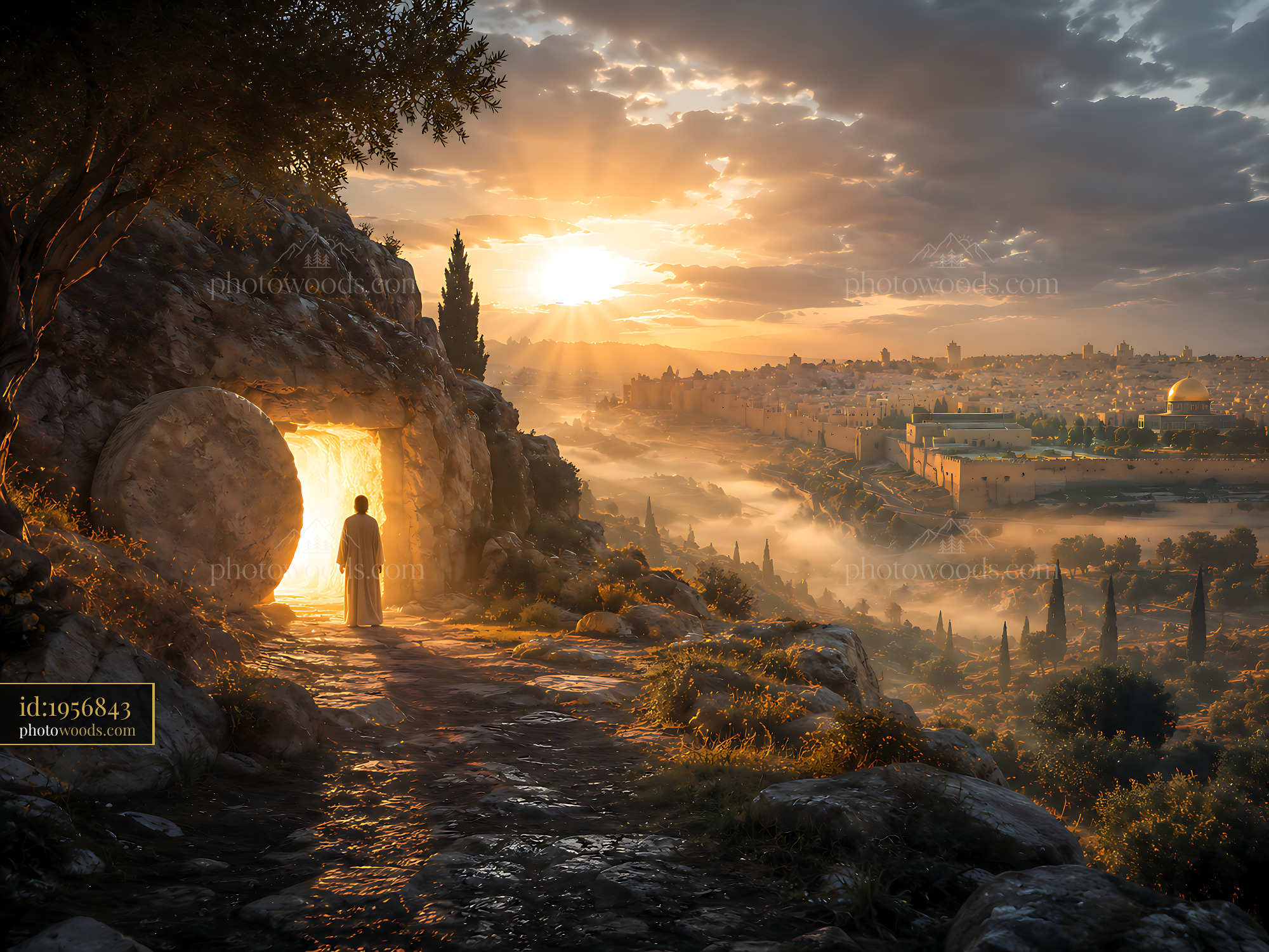 Person Standing at Cave Entrance During Sunset in a Distant City