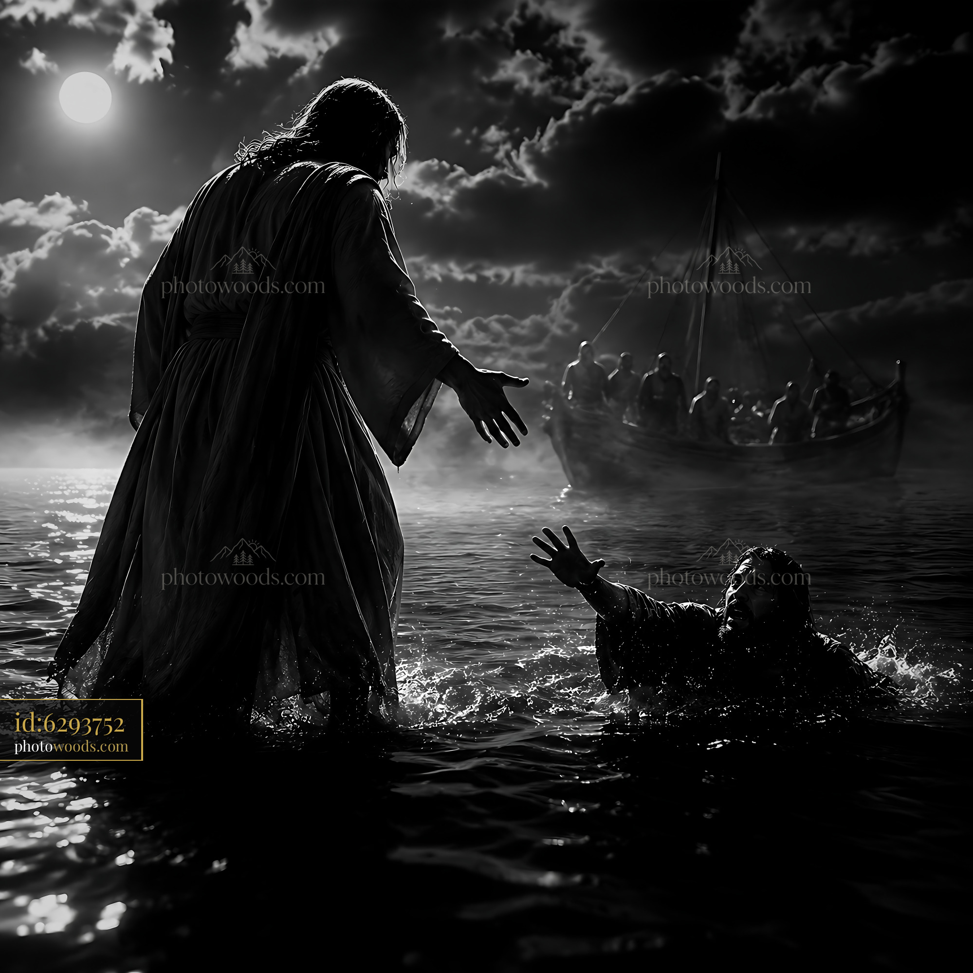 Jesus Reaches out to a Sinking Man in Dark Waters at Night