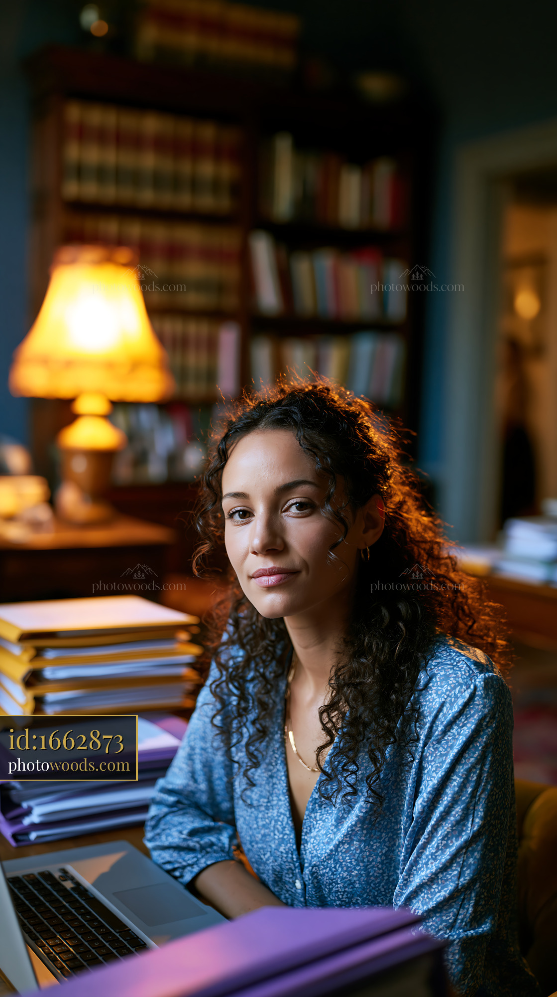 Remote Employee in Home Office With Books and Lamp