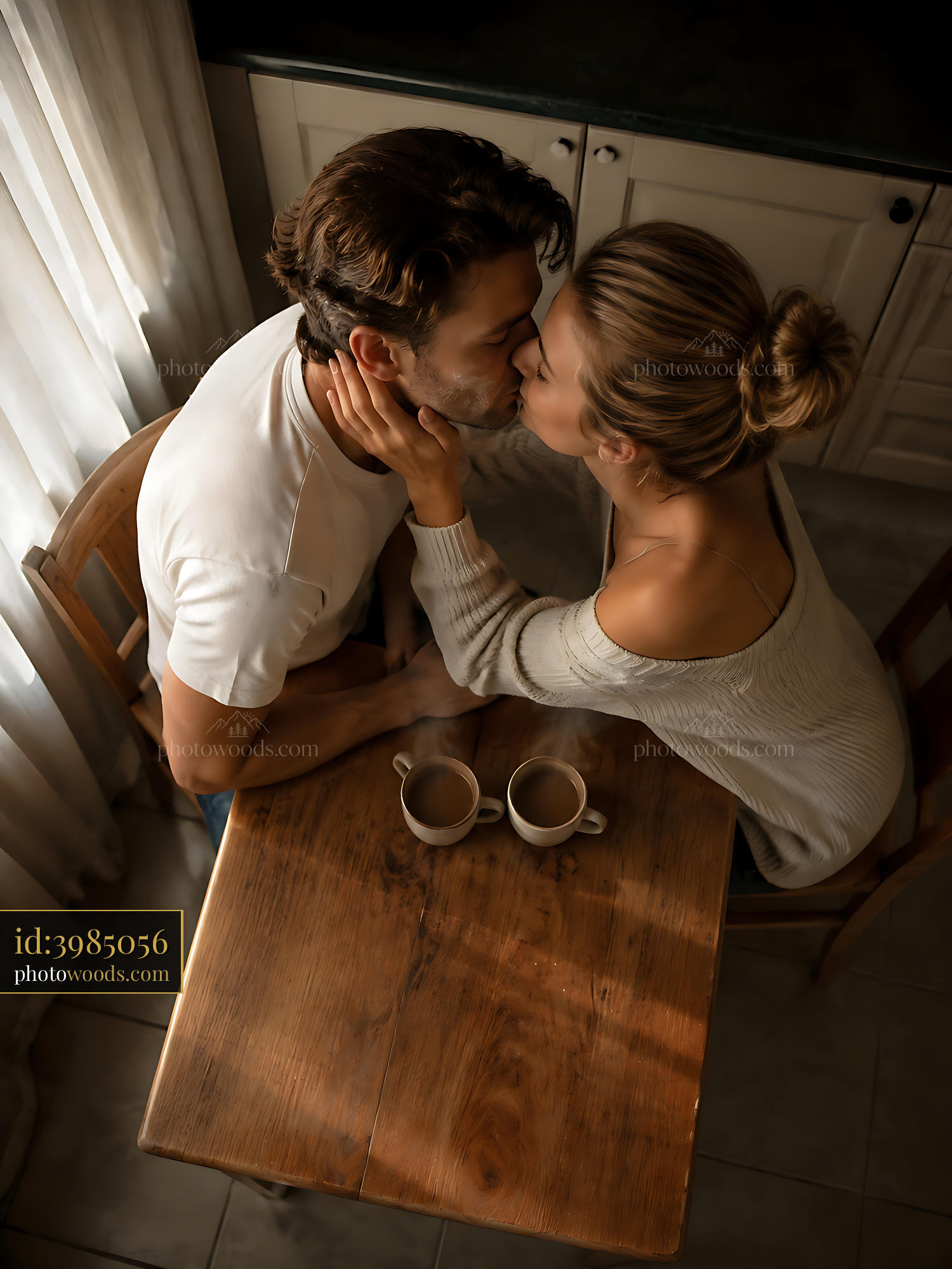 Couple Sharing a Kiss While Enjoying Coffee at Home Table