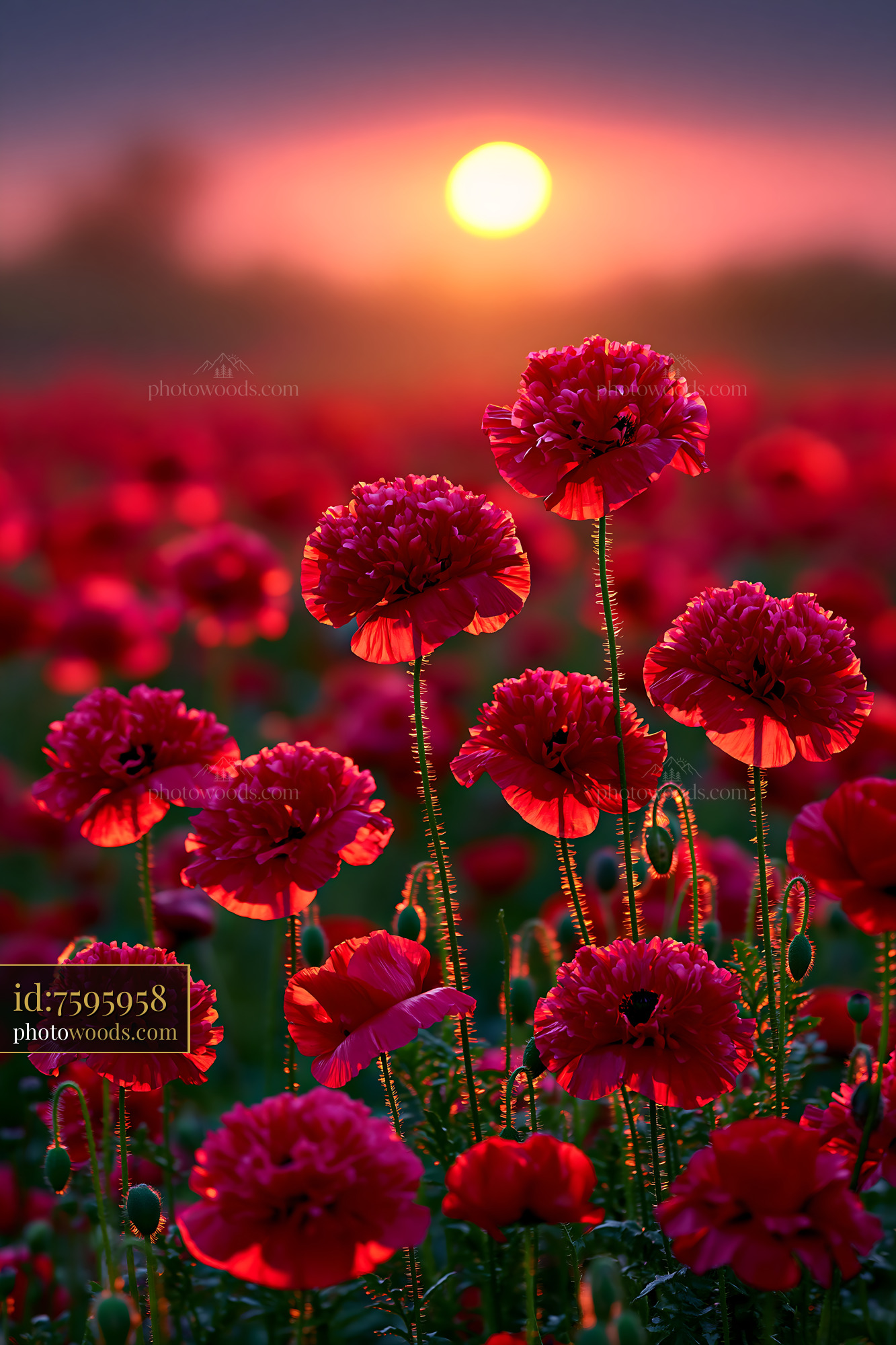Poppies Bloom at Sunset With Warm Light and Colorful Scene