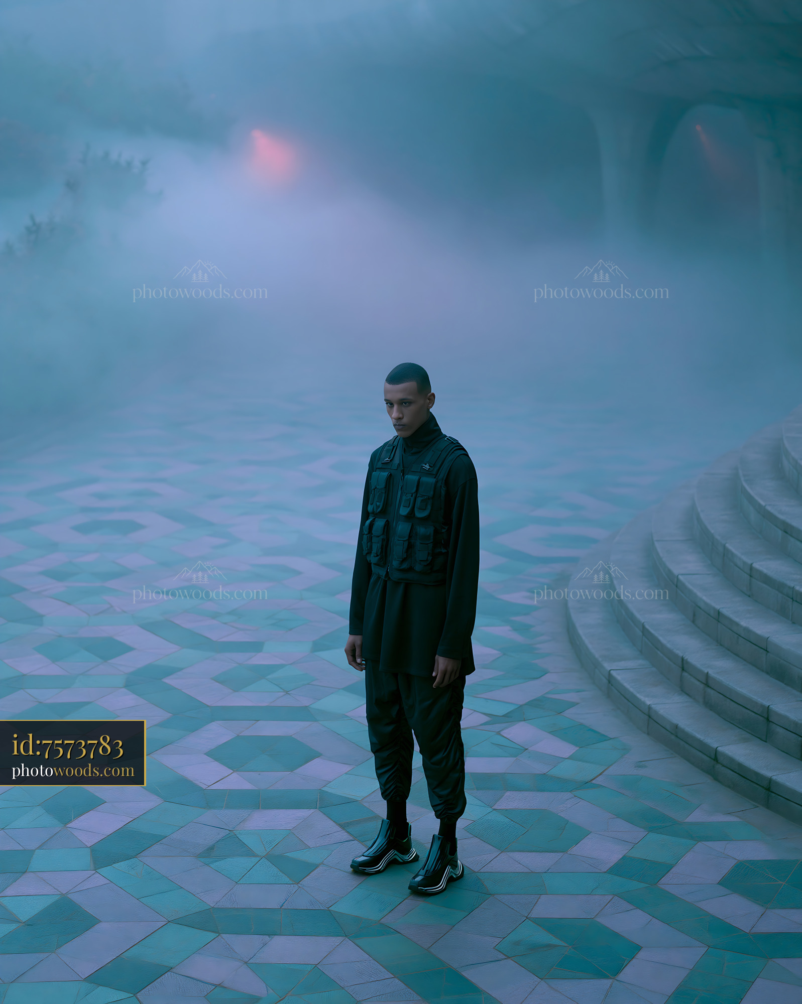Man in Tactical Vest Standing on Patterned Floor With Fog