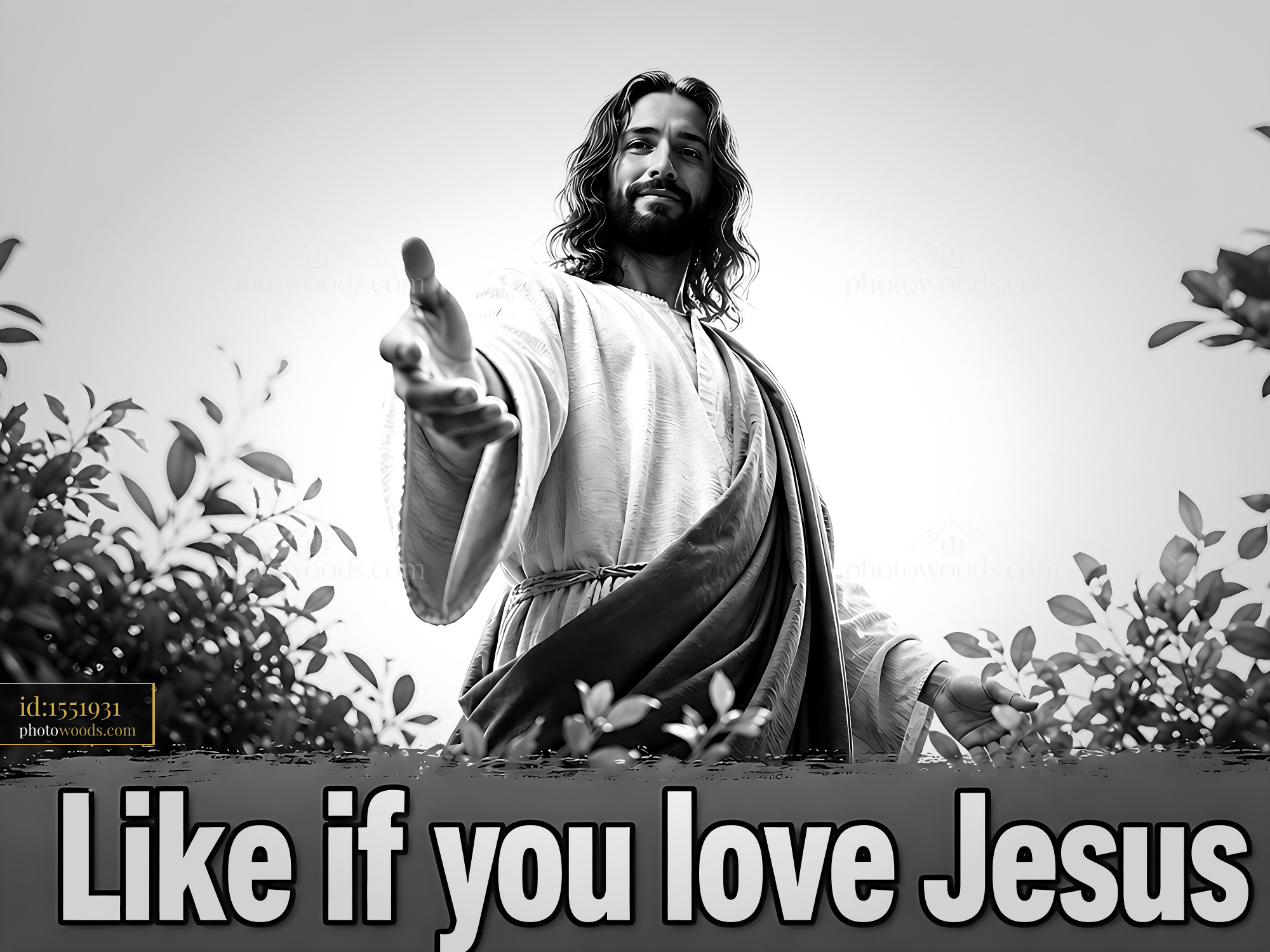 Jesus Extends Hand in Greeting Surrounded by Greenery
