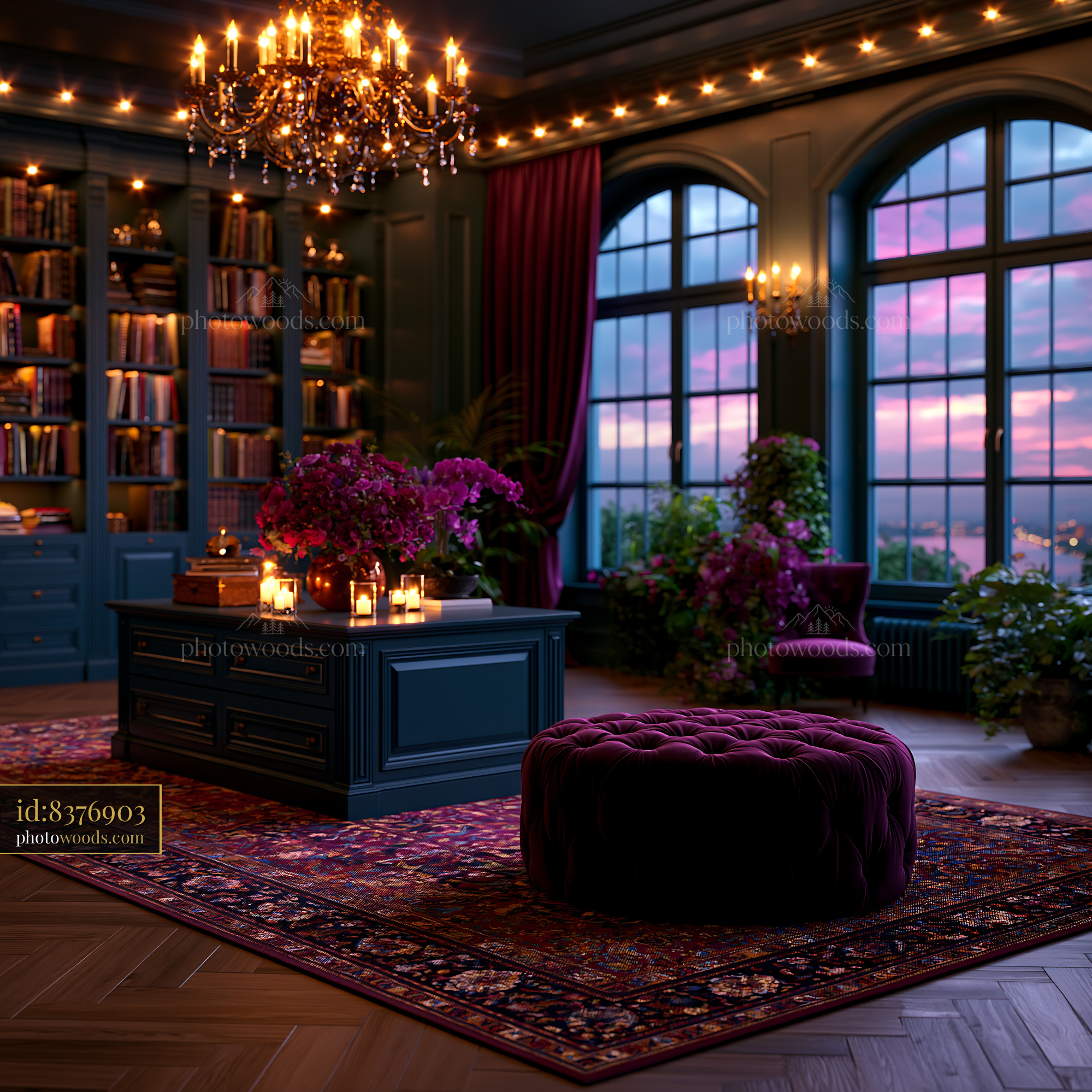 Elegant Interior Space With Bookshelves and Sunset View