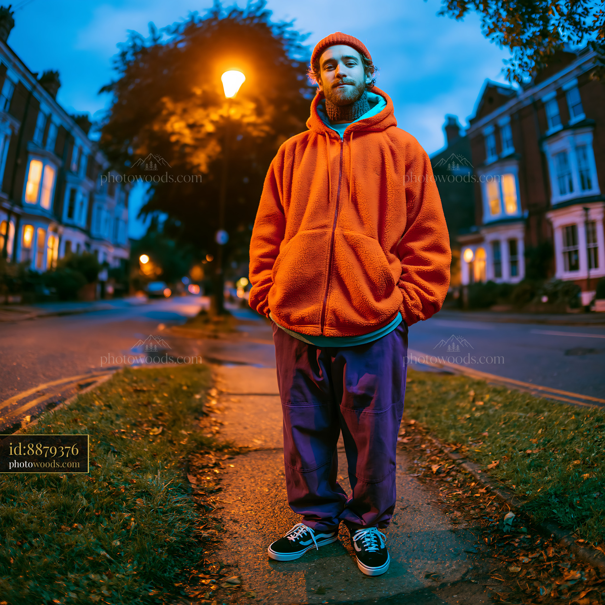 Man in Orange Hoodie Standing on Sidewalk at Twilight