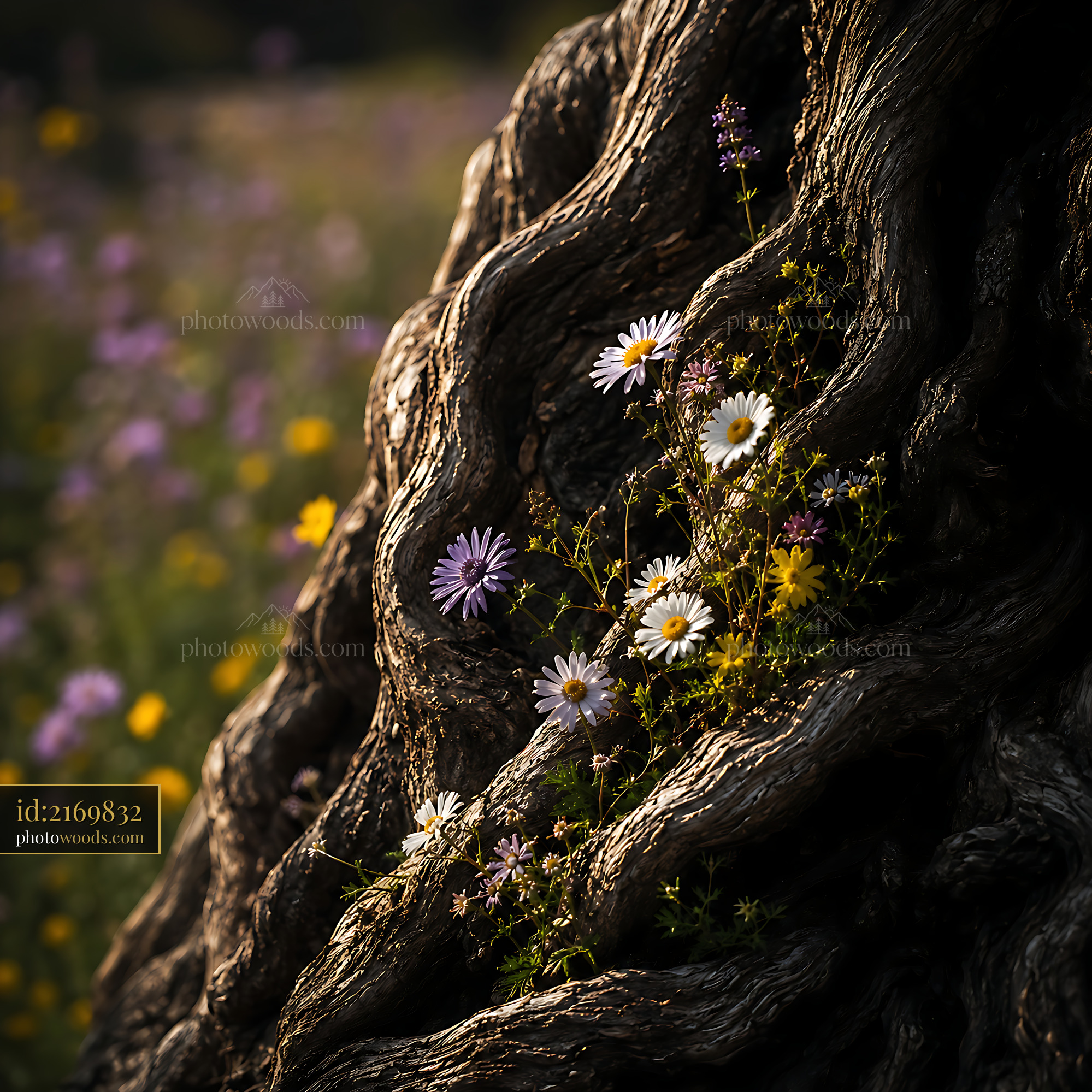 Flowers Grow on a Tree Trunk in a Field With Wildflowers
