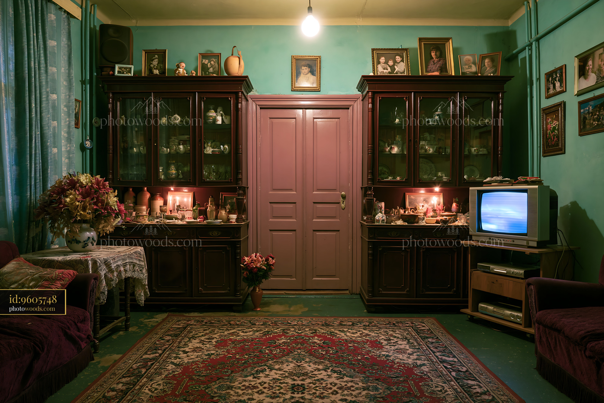 Worn Soviet Living Room With Dark Wall Unit and Vintage Decor