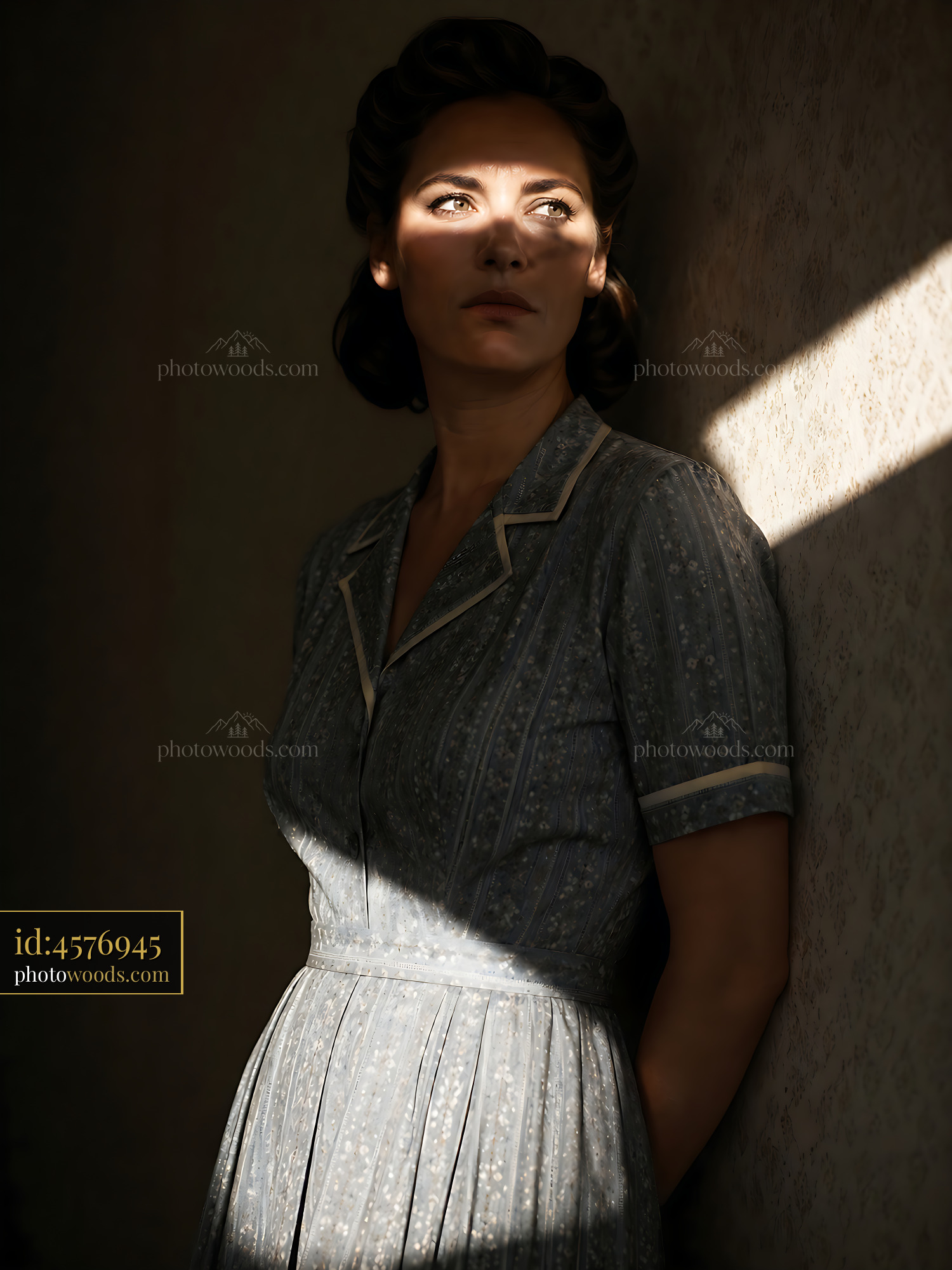Woman in Vintage Dress Stands by Wall in Sunlight