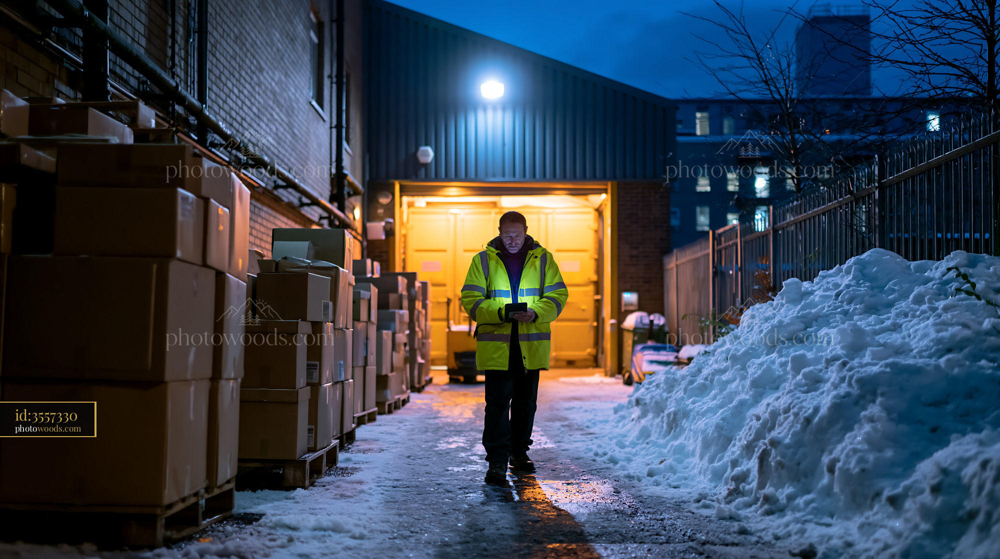 Warehouse Worker Scanning Packages at Night in Winter Setting