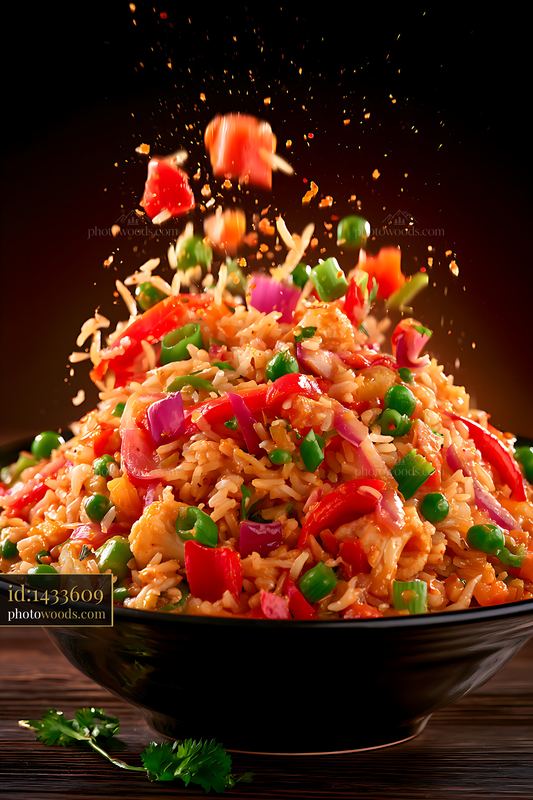 Colorful vegetable rice dish with flying ingredients