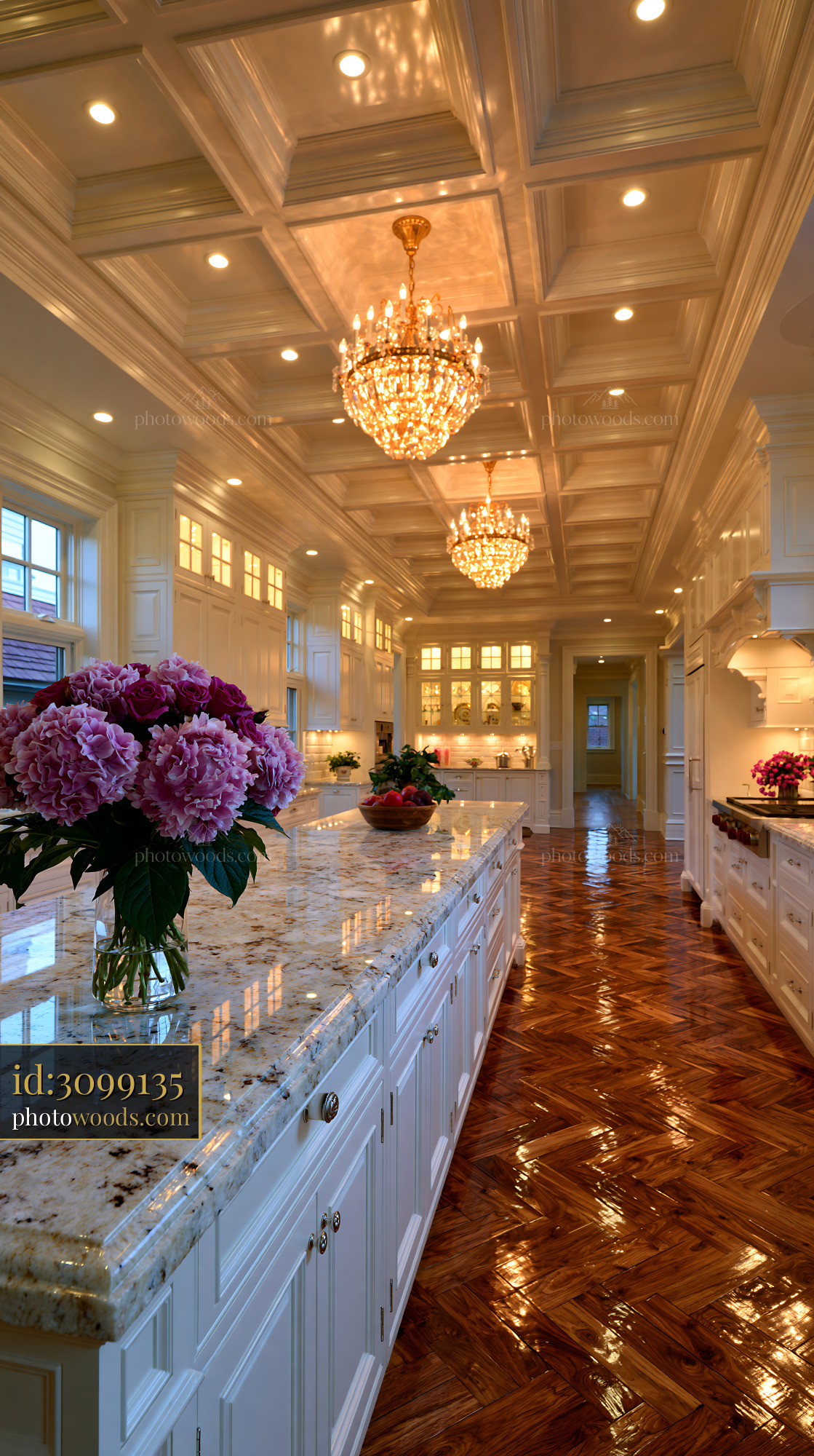 Classic Kitchen With Coffered Ceiling and Floral Centerpiece