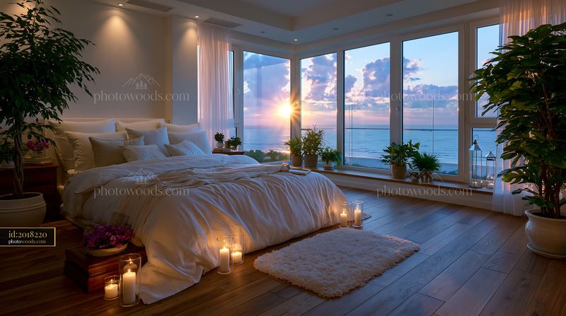 Coastal Luxury Bedroom With White and Sand Tones at Sunset