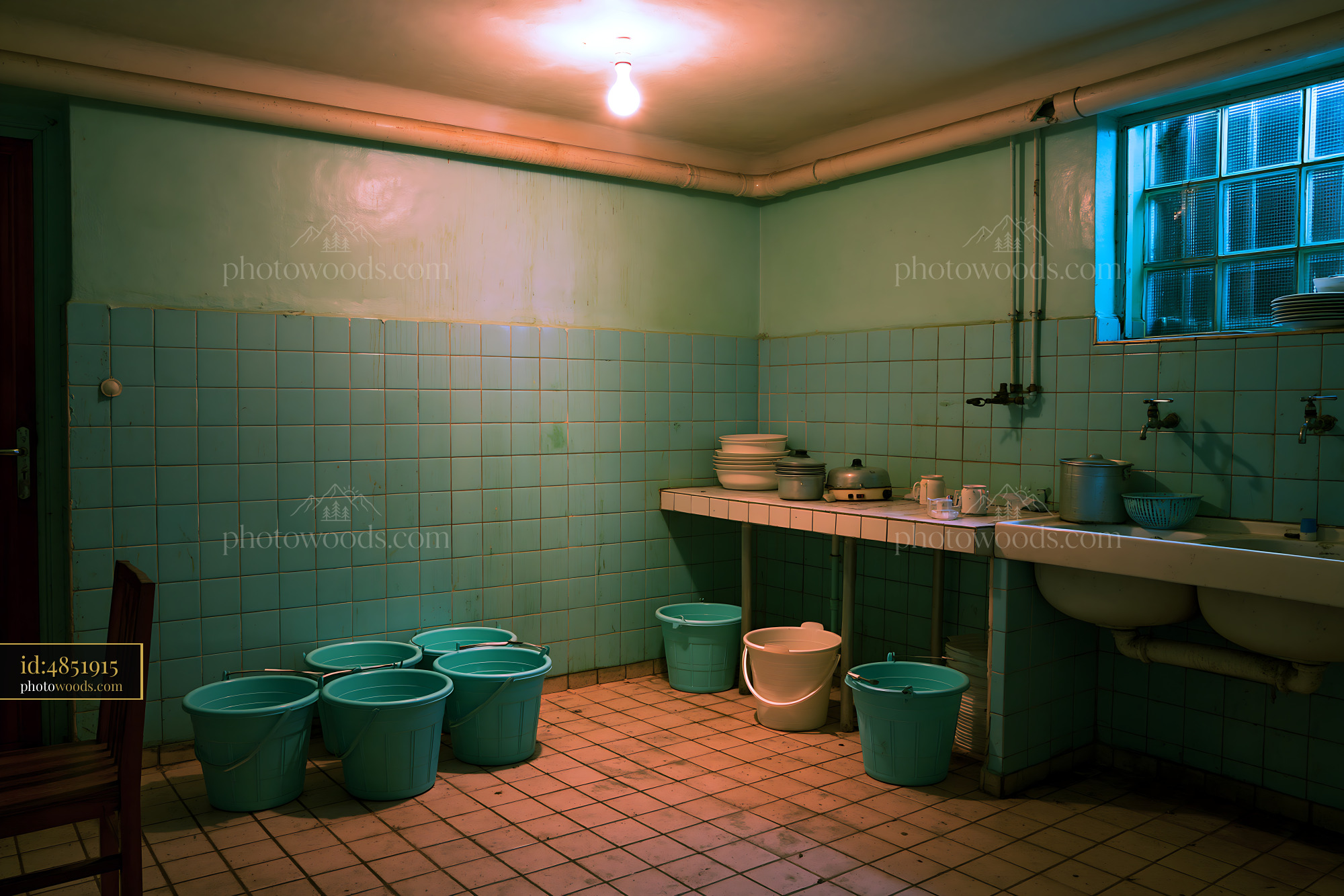 Neglected Kitchen With Greasy Tiled Walls and Blue Buckets