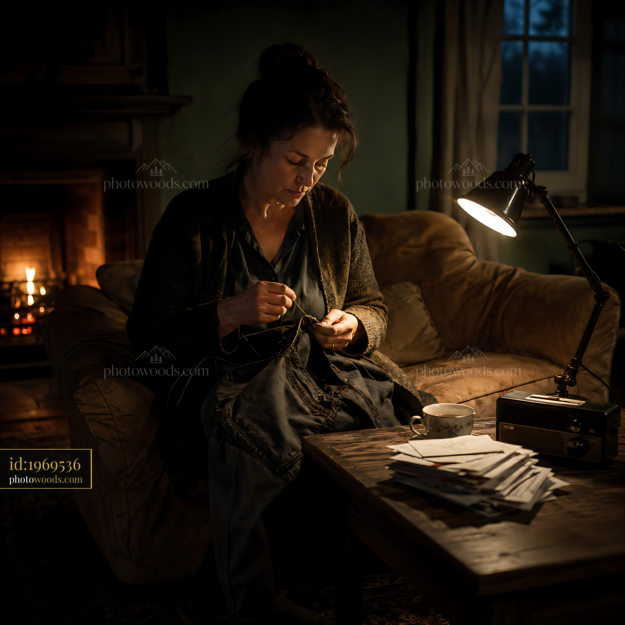 Woman Sewing in a Dimly Lit Room With a Warm Fire and Lamp
