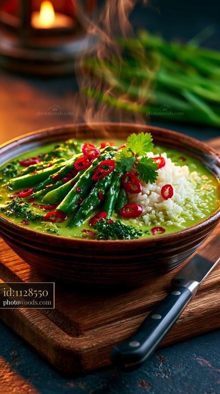 Bowl of Thai Green Curry With Jasmine Rice and Fresh Ingredients