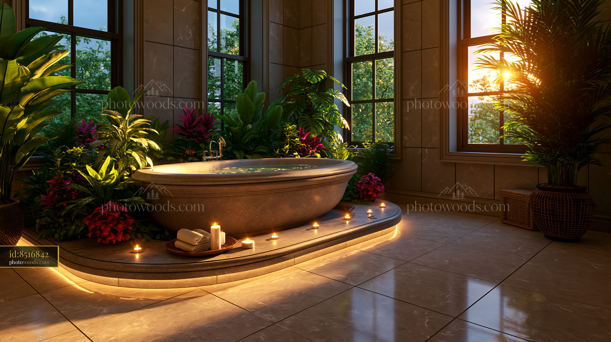 Luxury Bathroom With Freestanding Stone Tub and Plants at Sunset