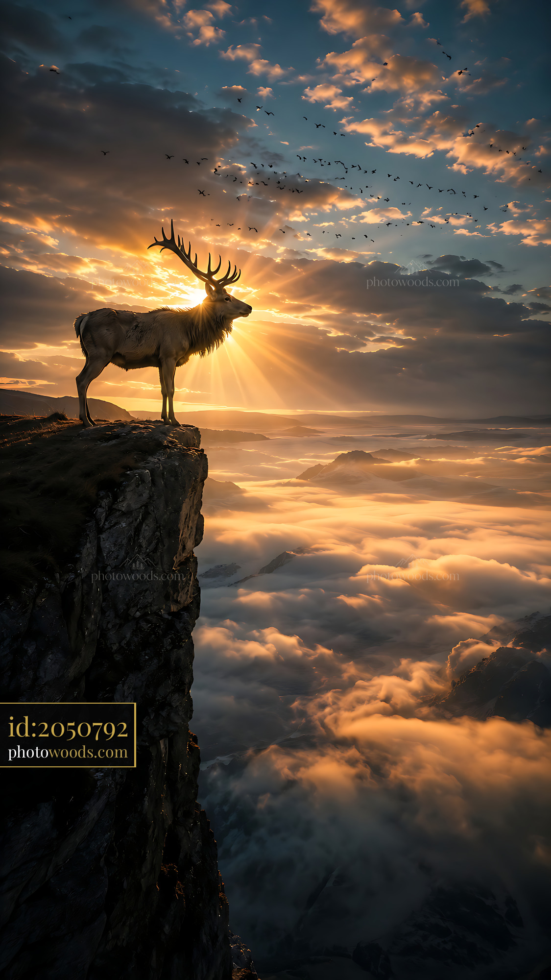 Deer Stands on Cliff Edge Against Sunset Over Clouds and Mountains