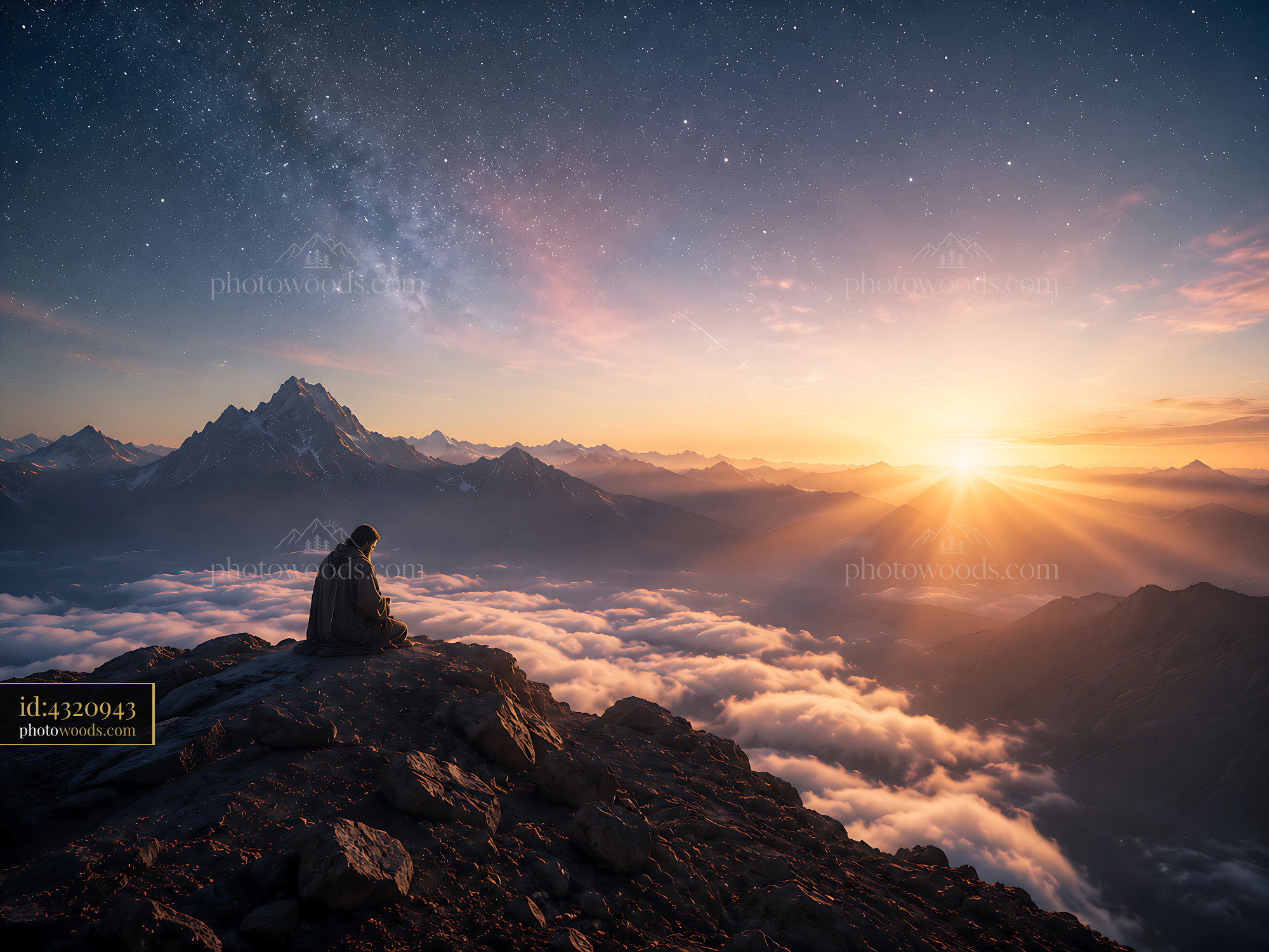 Man Sits on Mountain Peak Watching Sunrise Over Clouds