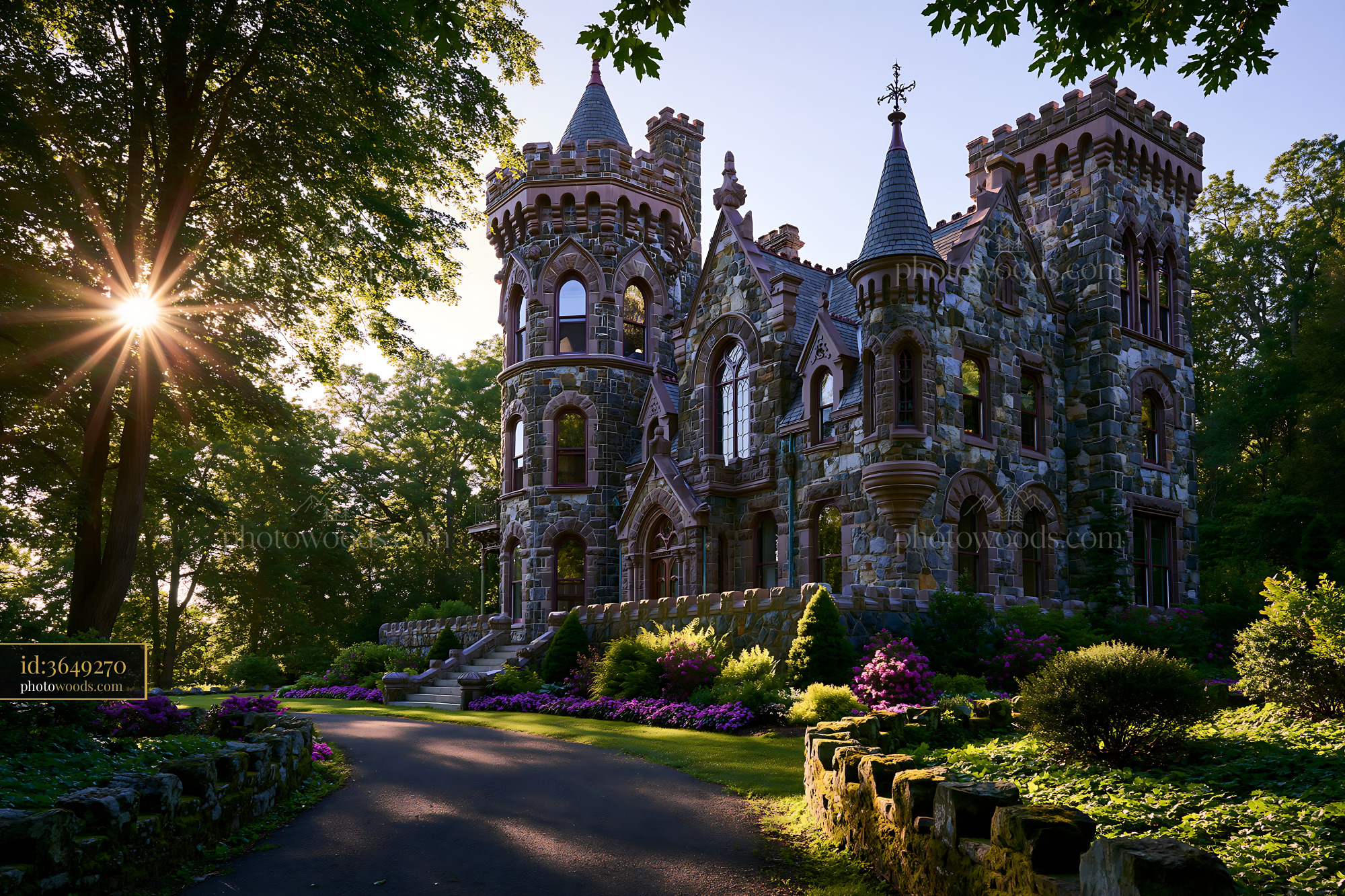 Historic Castle in the Forest at Sunset in the United States