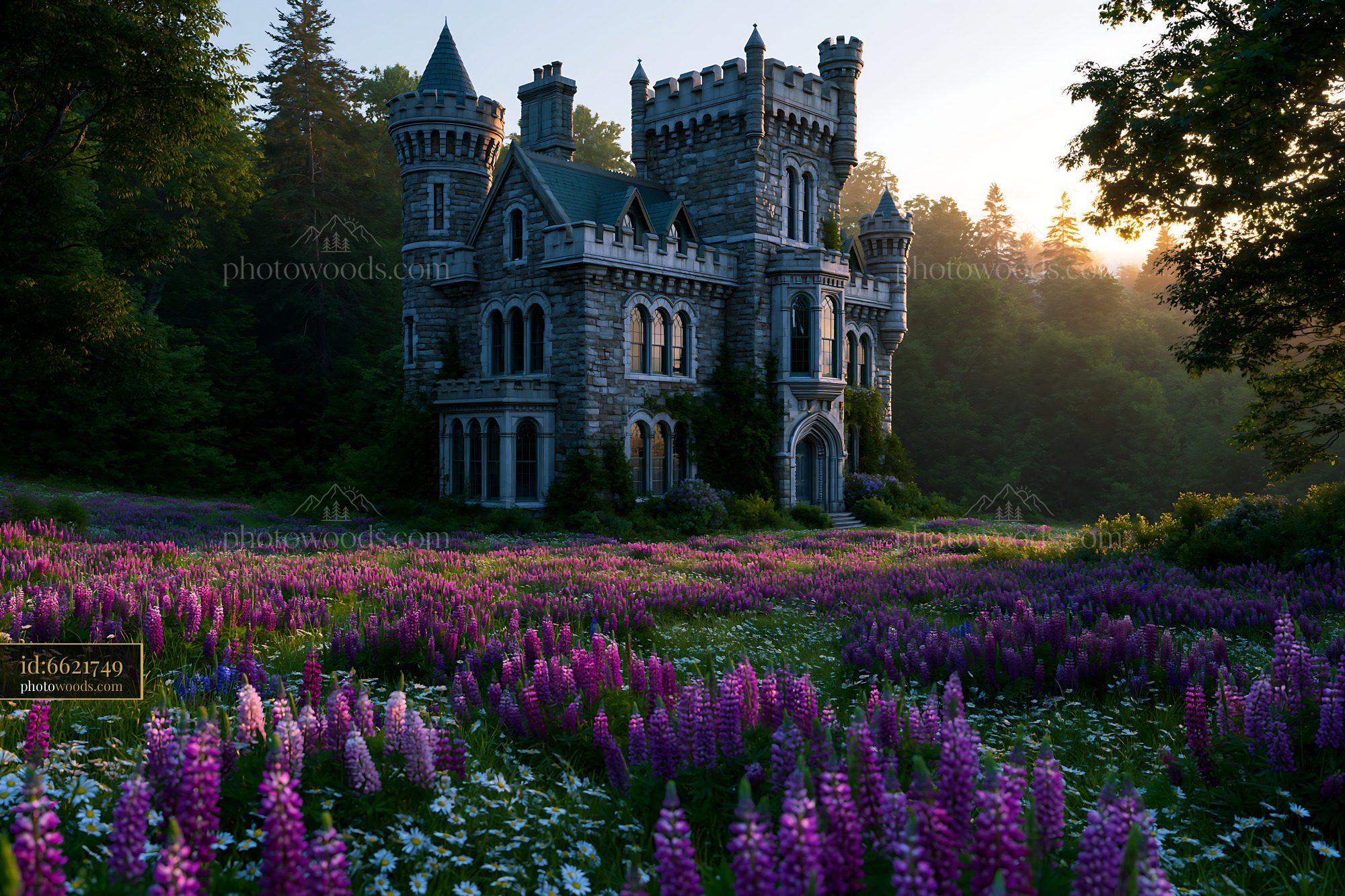 Historic Castle in a Field of Wildflowers at Sunrise