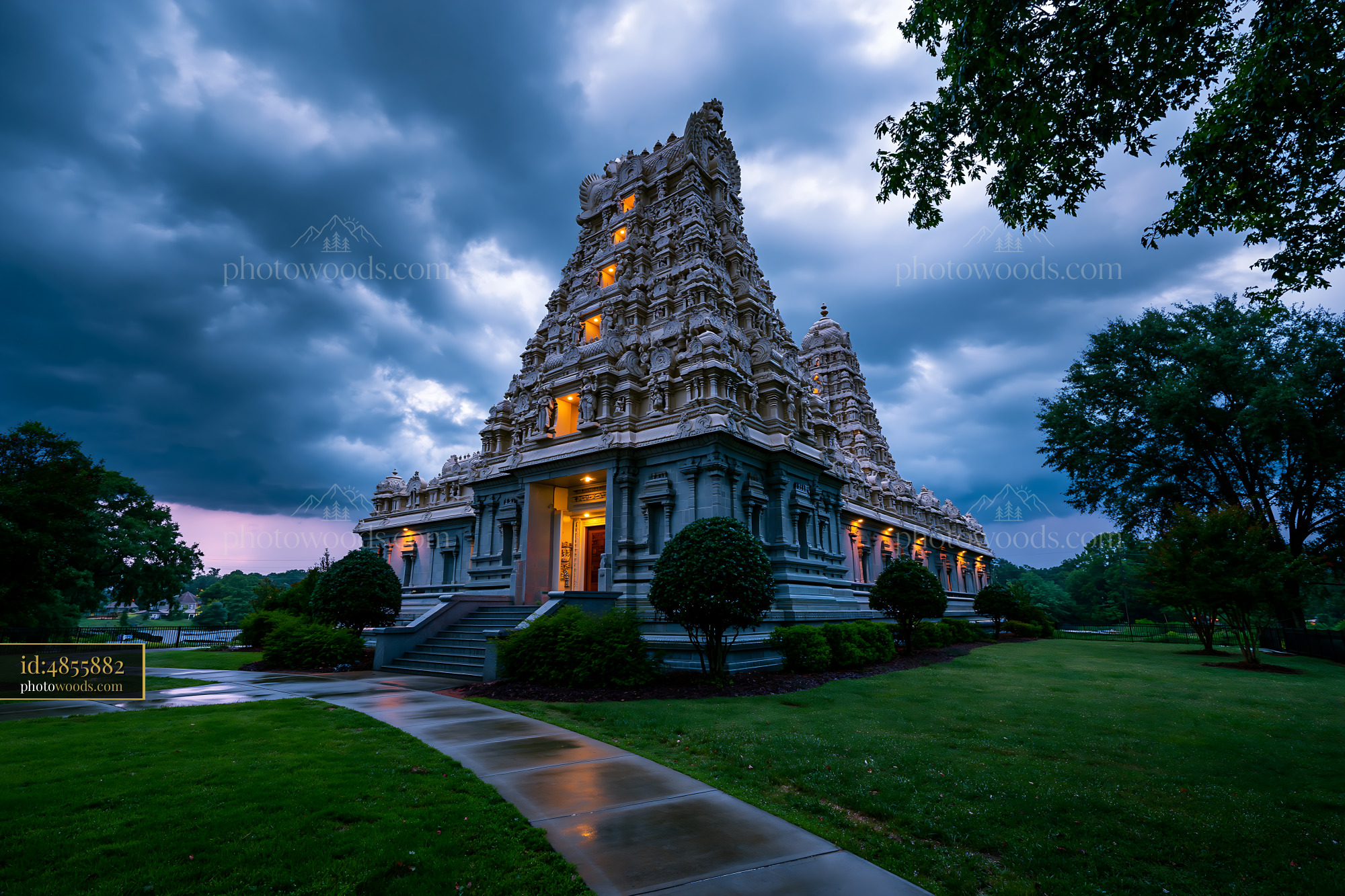 Hindu Temple Architecture at Dusk With Stormy Sky