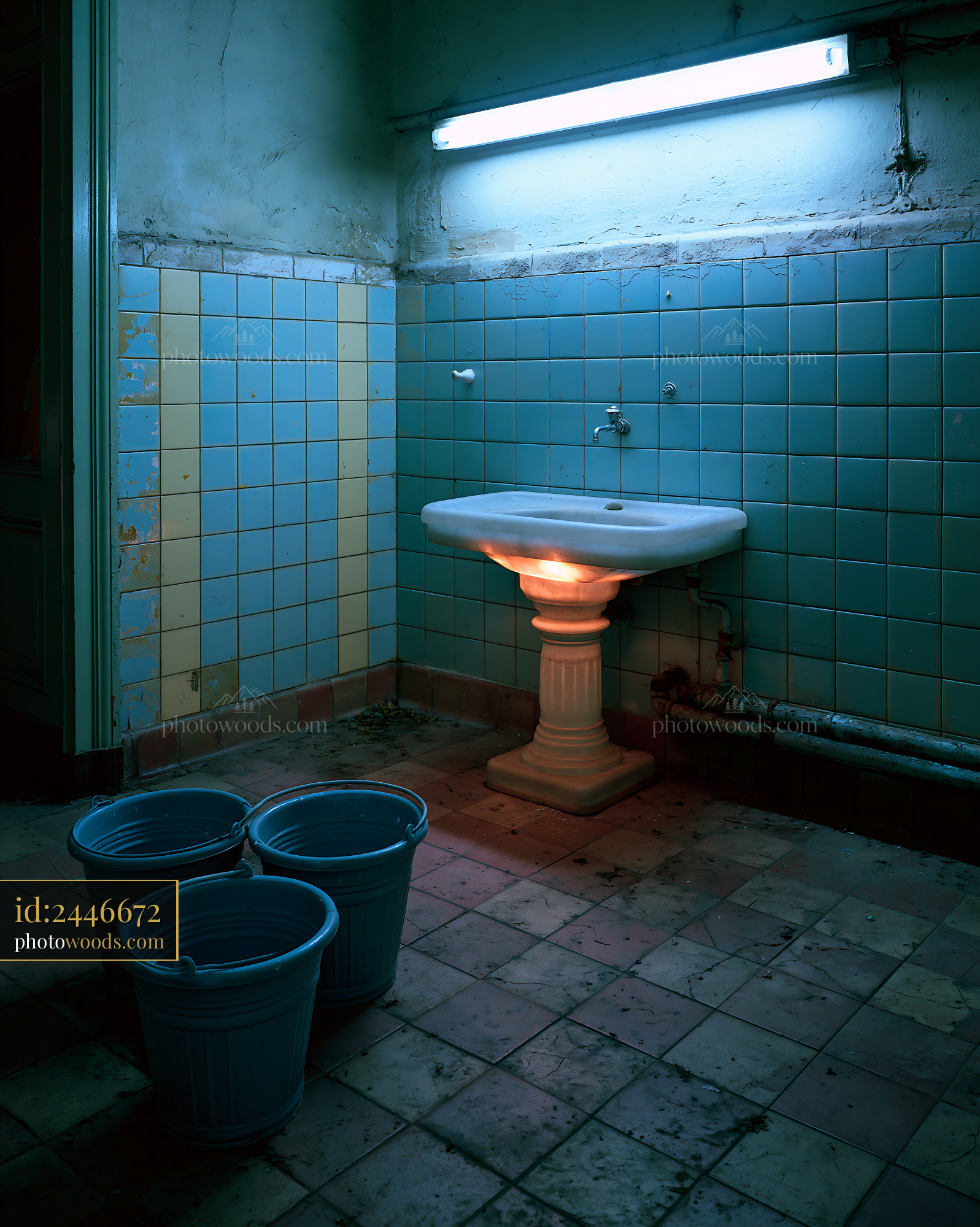 Shabby Bathroom With Blue Tiles and Plastic Buckets in Dim Light