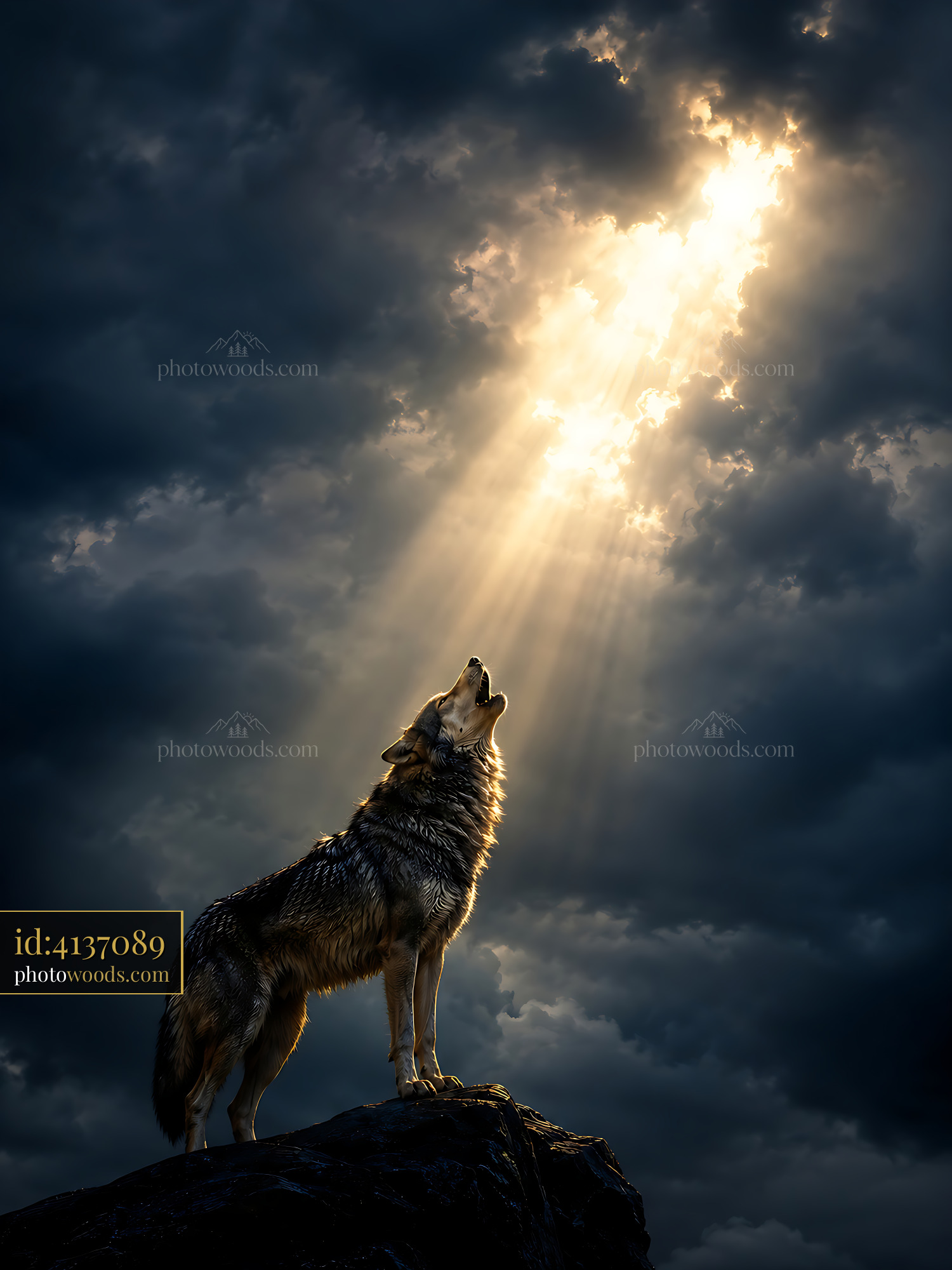 Wolf Howls at the Moon Beneath Dark Clouds and Bright Light