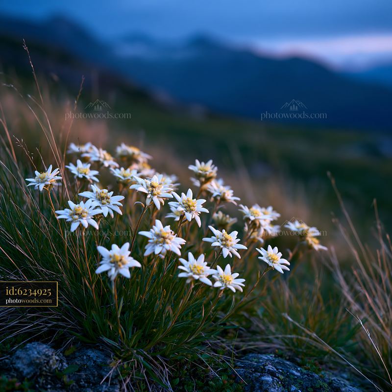 Edelweiss Flowers Blooming in an Alpine Meadow at Dusk