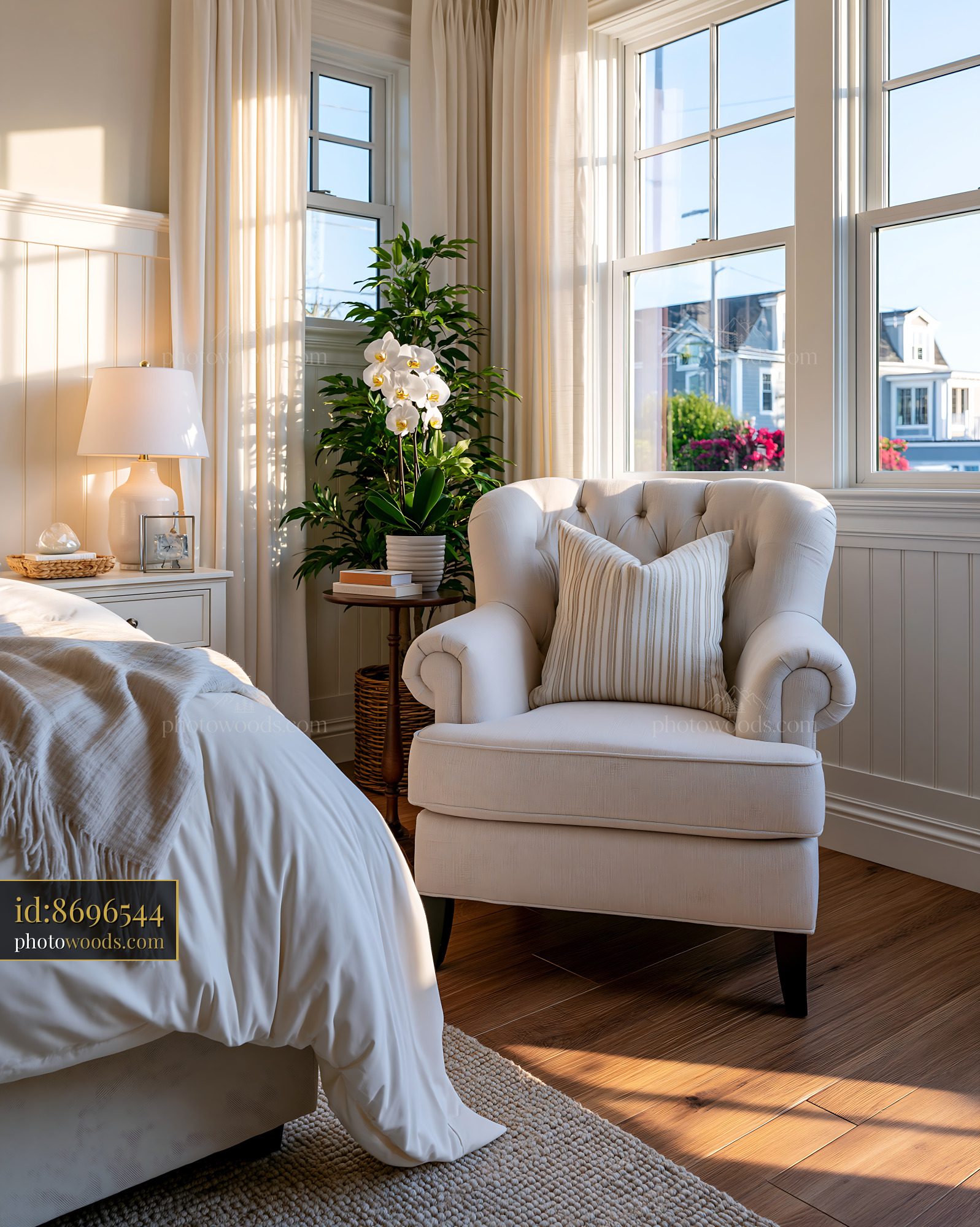 Coastal Luxury Bedroom With White Furniture and Sunlight