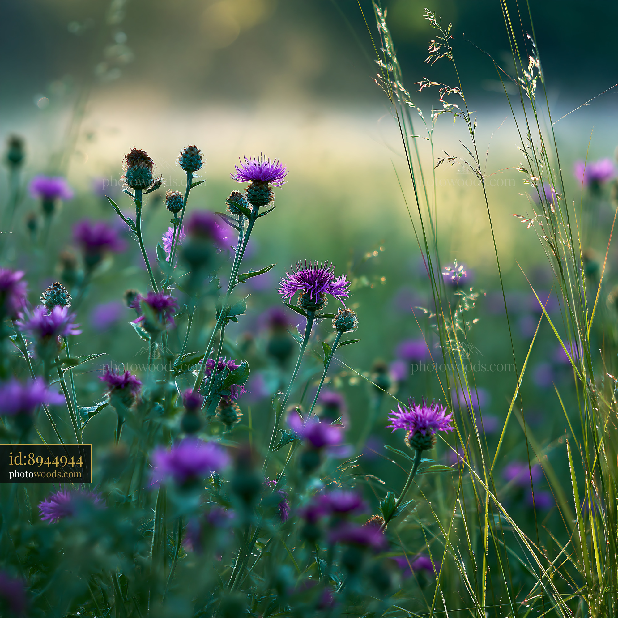 Knapweed Flowers Blooming in a Meadow With Soft Morning Light