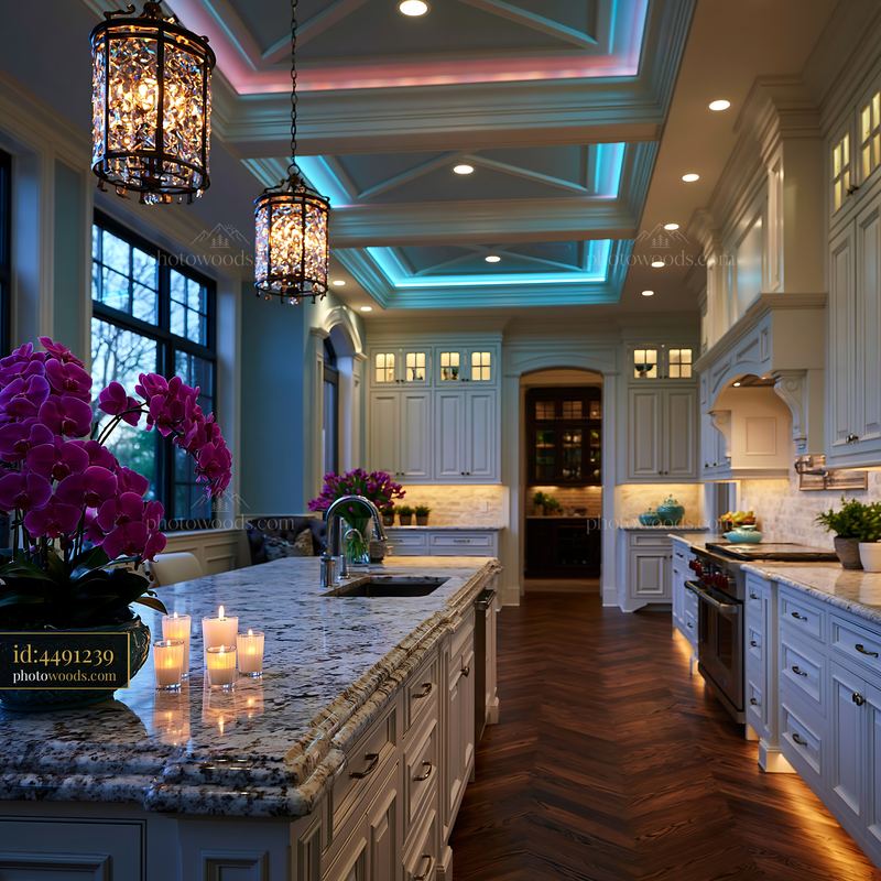 Classic Kitchen Interior With Coffered Ceiling and Modern Decor