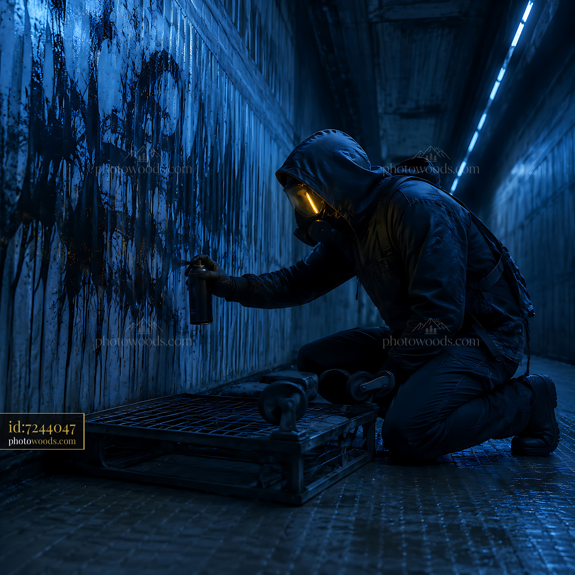 Person Spray Painting Graffiti on a Wall in a Dimly Lit Tunnel