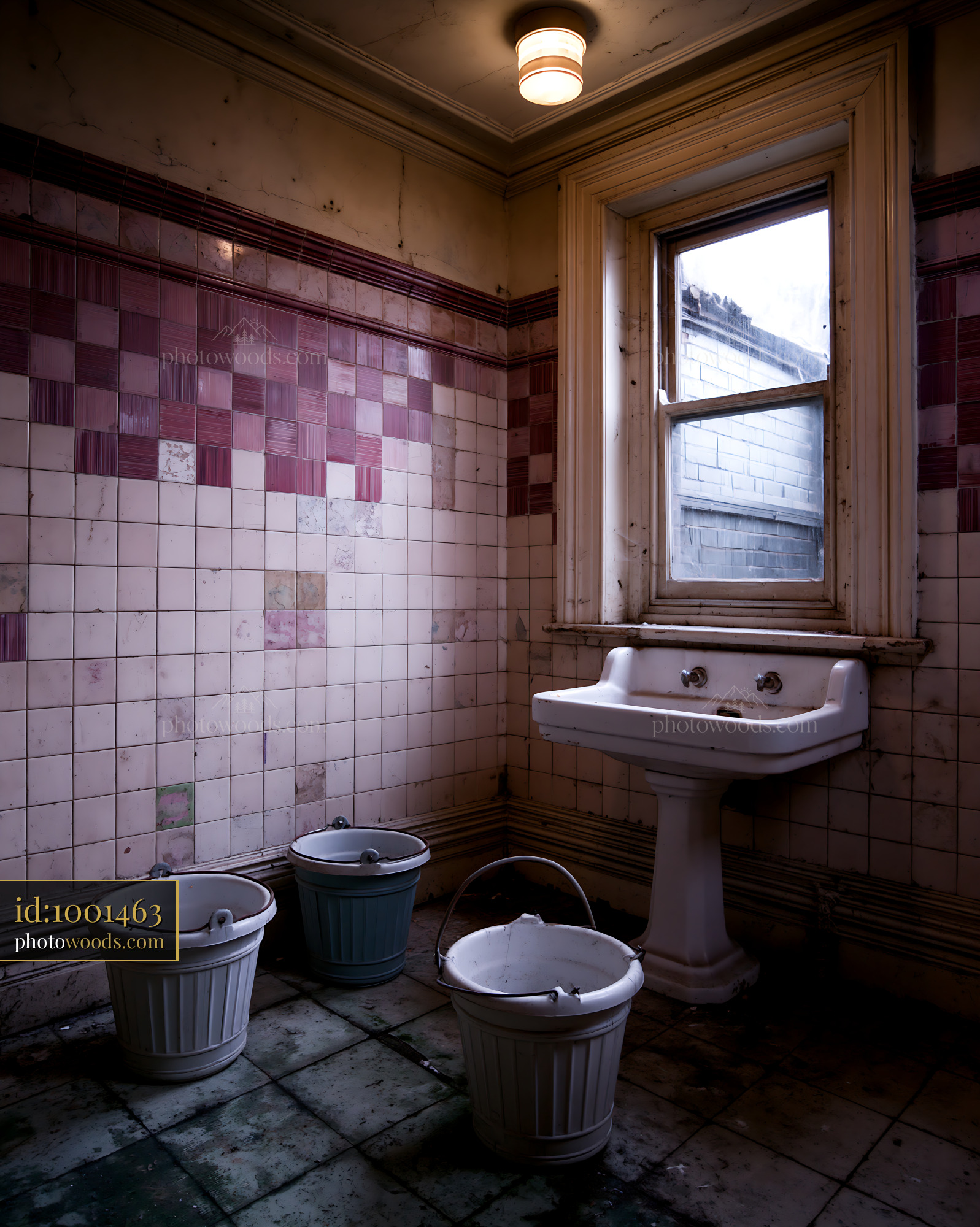 Shabby Bathroom With a Sink, Buckets and Vintage Tiles