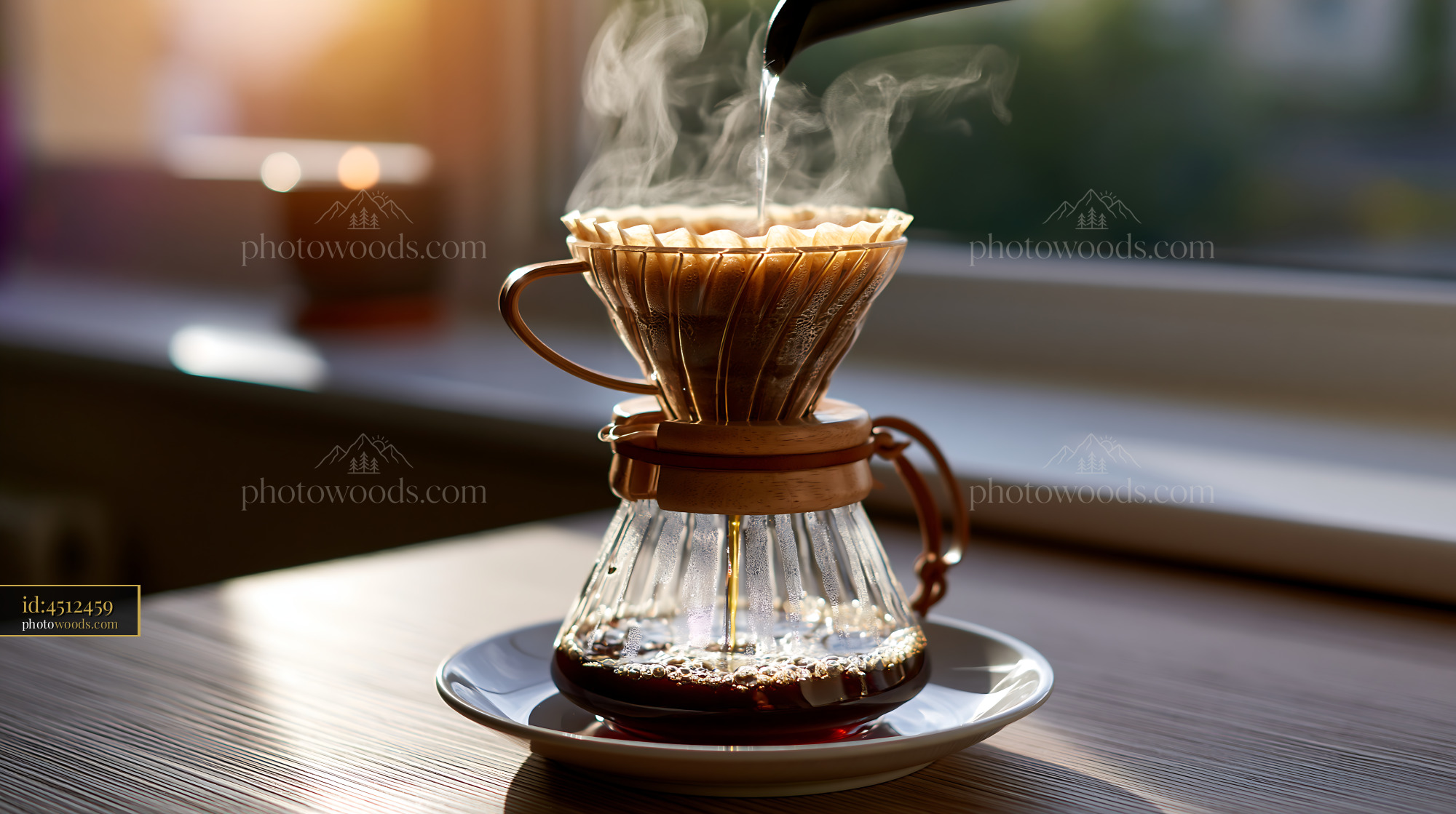 Pour Over Coffee Brewing in a Glass Carafe in Soft Morning Light