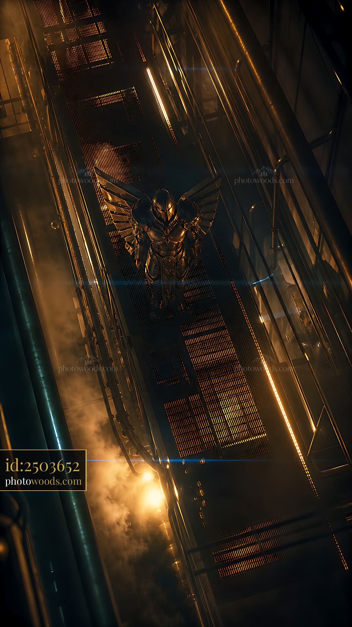 Metallic Statue Stands in Industrial Space With Glowing Elements